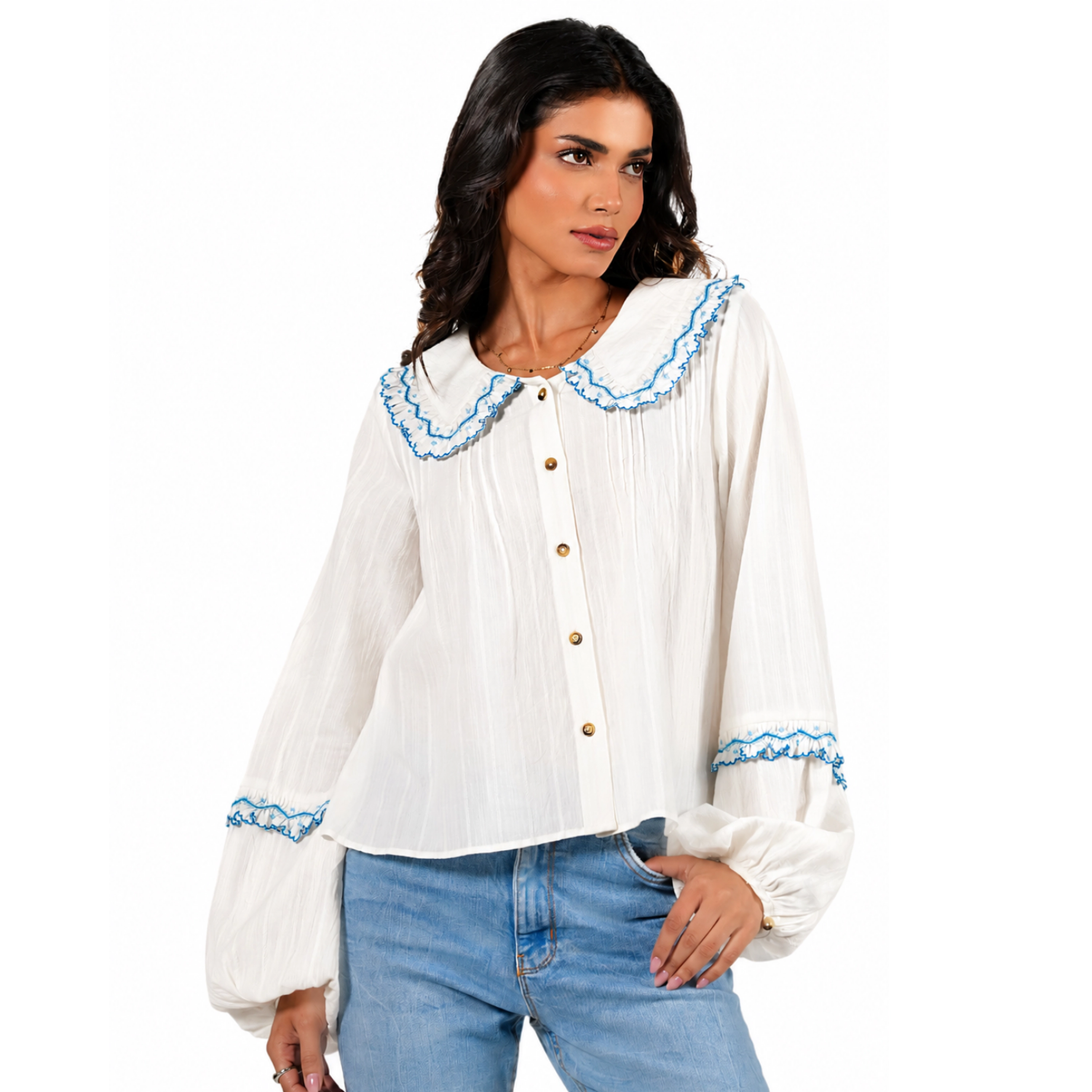 Rose & Nancy Women's Angie Ivory Embroidered Collar Shirt