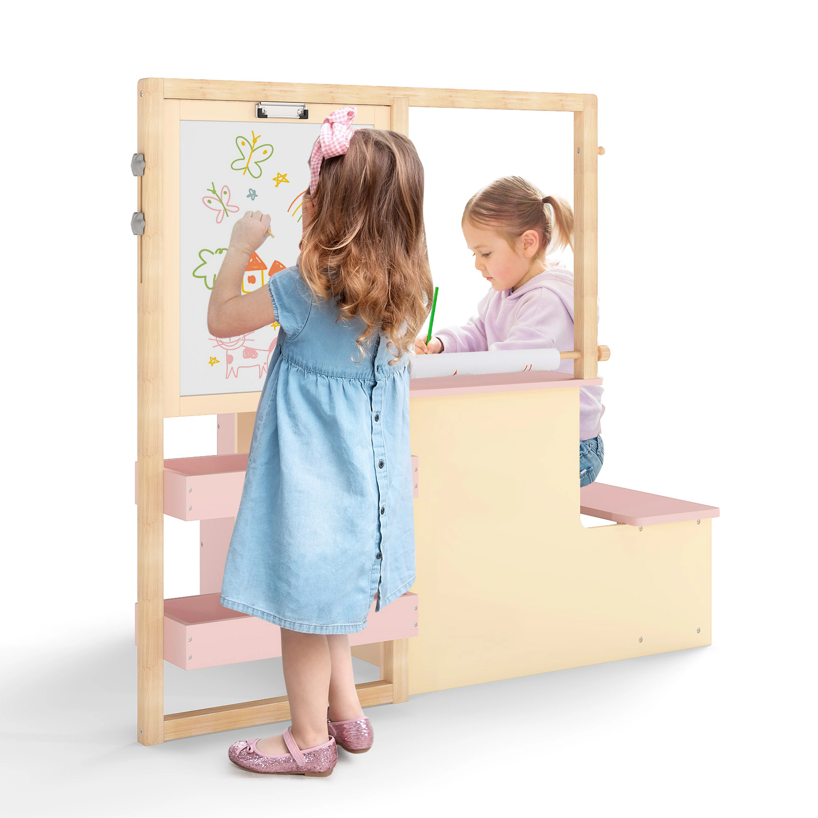 SUGIFT Pink Double-Sided Easel and Paper Roll Kids Art Center Wooden Table and Bench Set