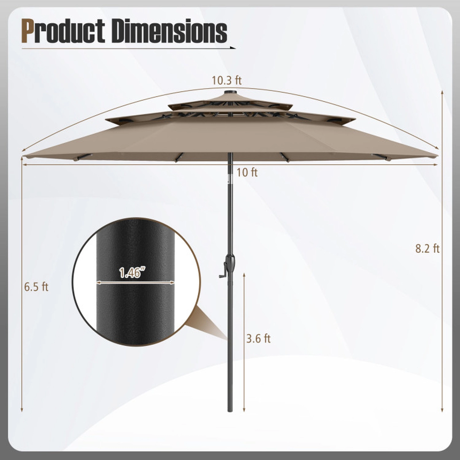 SUGIFT Taupe Solar Patio Market Umbrella with 3-Tier Vented Top and 32 LED Lights 10-ft Dia 8.2-ft H