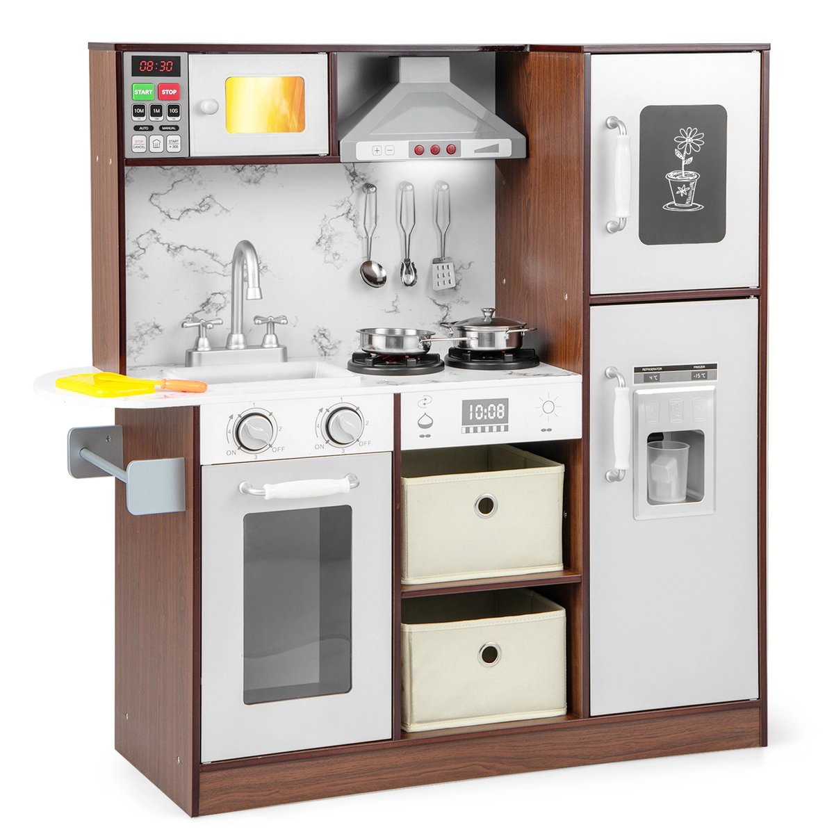 SUGIFT Kids Modern Toy Kitchen Playset with Attractive Lights and Sounds 35.5 x 11.5 x 35.5 in Ages 3+ Coffee