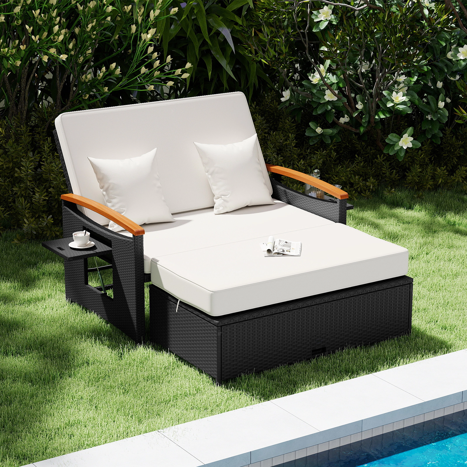 SUGIFT White PE Rattan Outdoor Loveseat and Storage Ottoman Set, Adjustable Patio Daybed