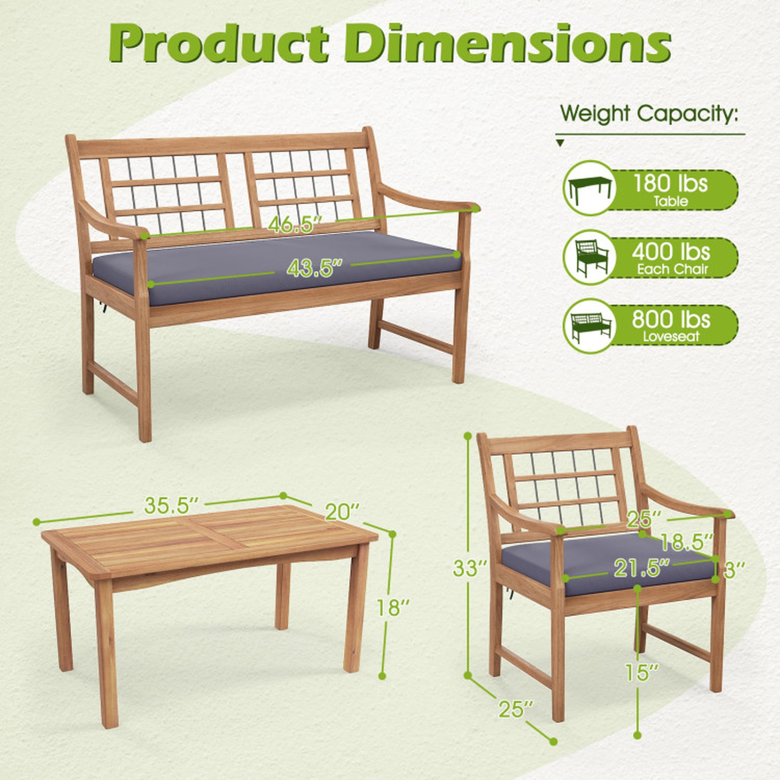 SUGIFT 4-Piece 800-lb Loveseat Capacity Acacia Wood Patio Furniture Set with 2 Armchairs and Coffee Table