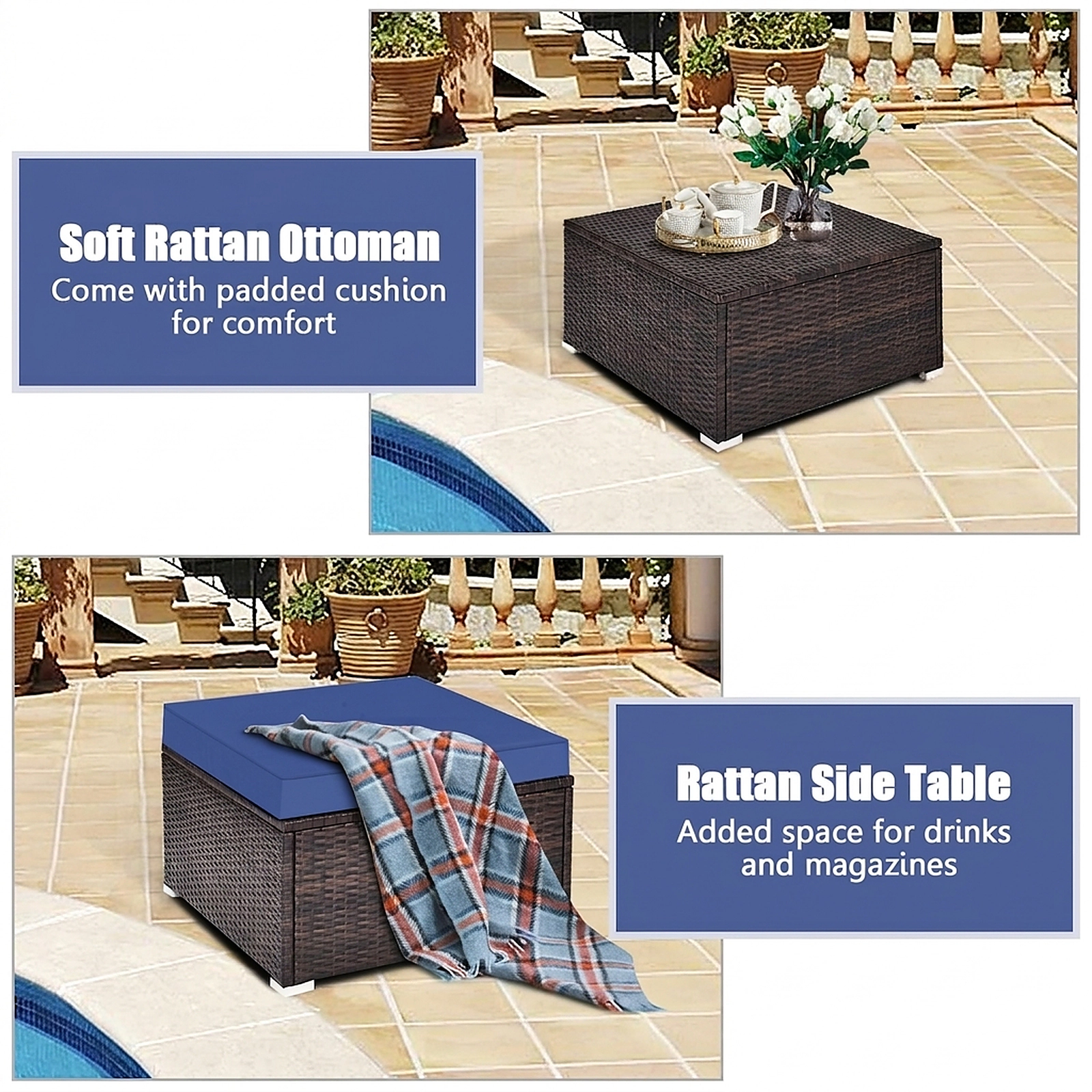 SUGIFT 4-Piece PE Rattan Wicker Patio Sectional Sofa Set Ottoman 360-lb Capacity Navy Cushions 4-in Thick Seat Cushions