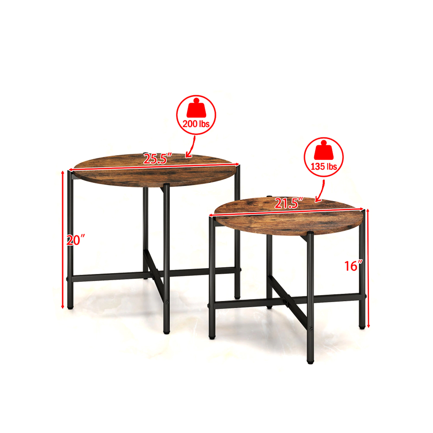 Hivvago Modern Set of 2 Round Tables with Strong Metal Frames