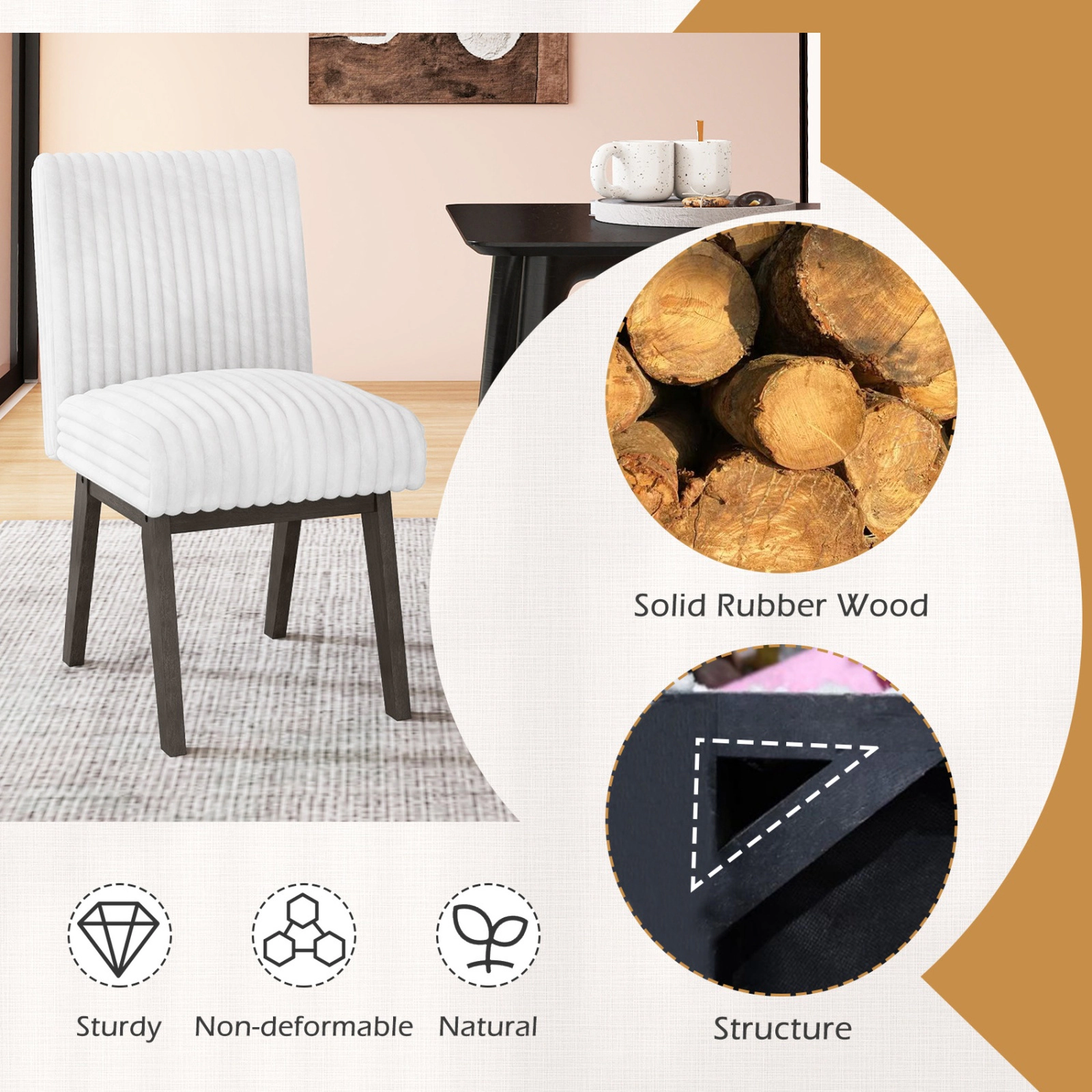 SUGIFT Set of 2 Upholstered Dining Chairs with Channel Tufted Back and Solid Rubber Wood Legs for Kitchen