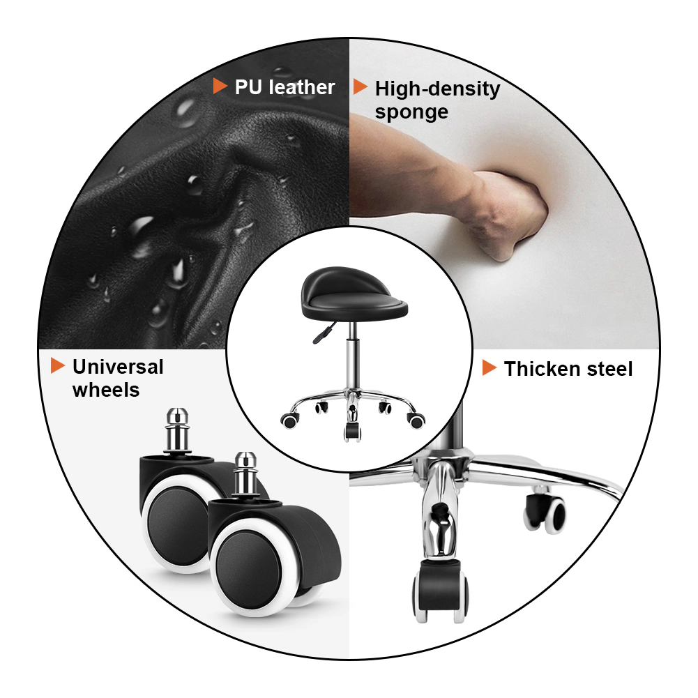 KKTONER PU Leather Round Rolling Stool with Back Rest Height Adjustable Swivel Drafting Work SPA Task Chair with Wheels