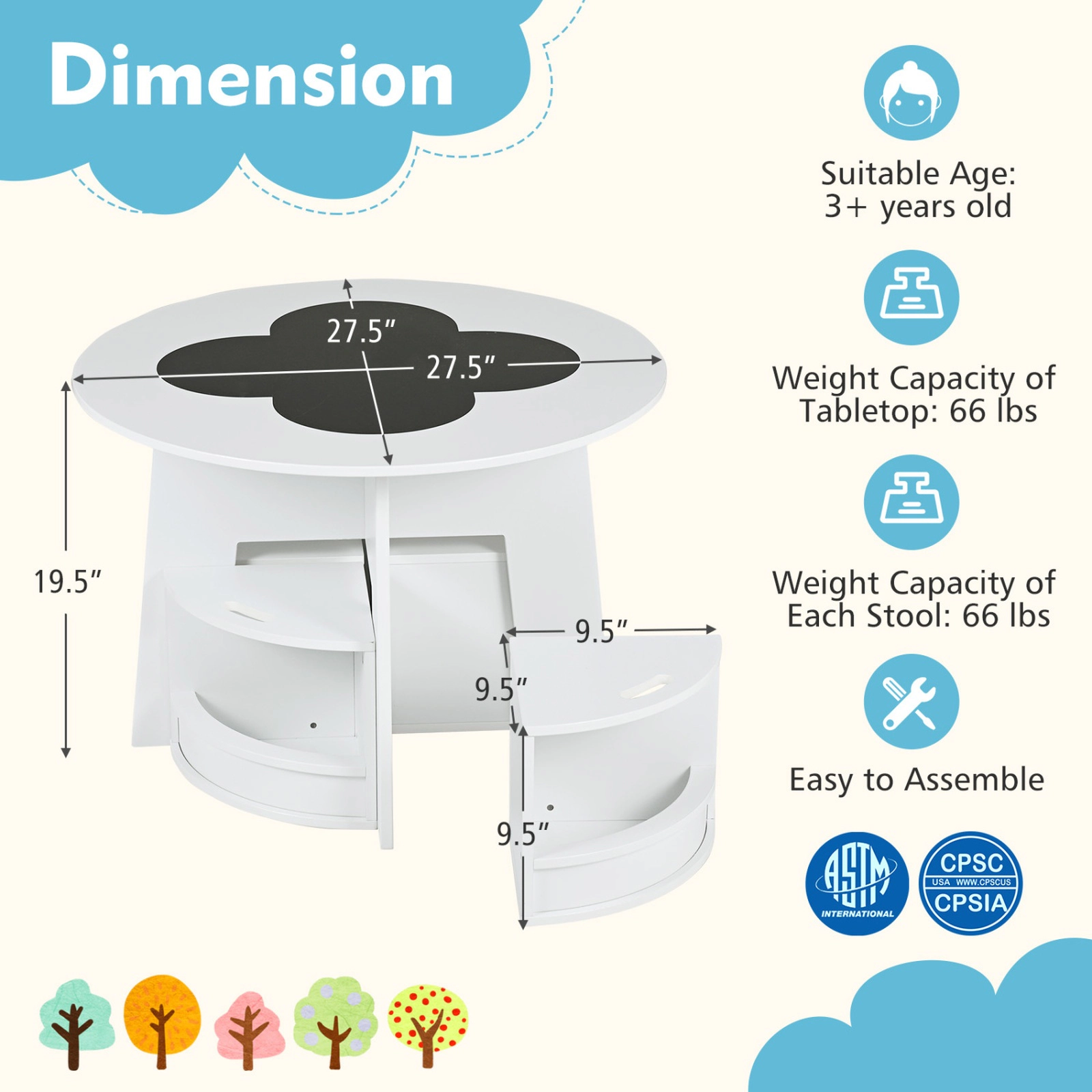 SUGIFT Space-Saving Kids Round Table and Chair Set 66-lb Tabletop Capacity Ages 3+ White