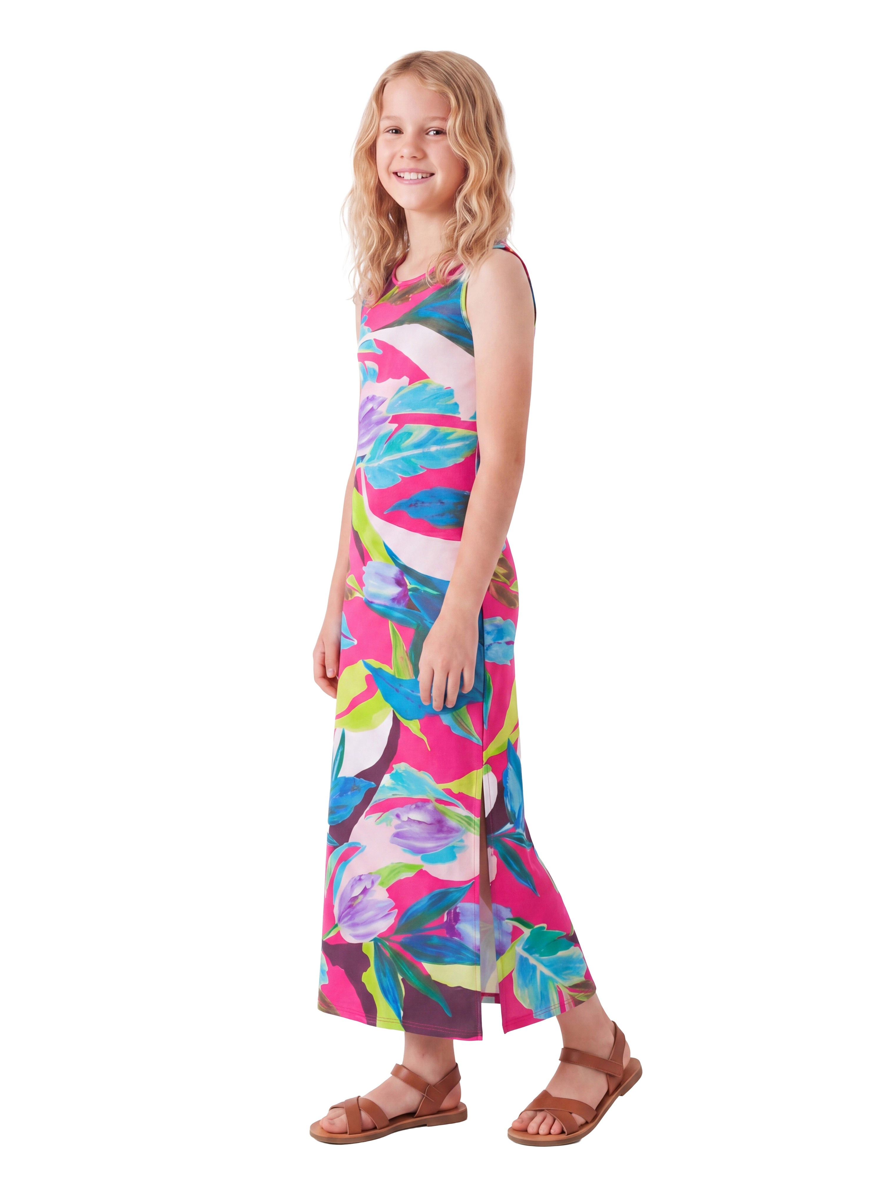 24sevenkid Girls Pink Floral Print Side Slit Maxi Dress