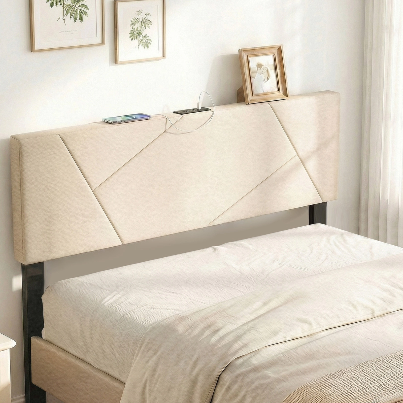 SUGIFT Geometric Beige Upholstered Headboard, Full-Queen, Charging Station