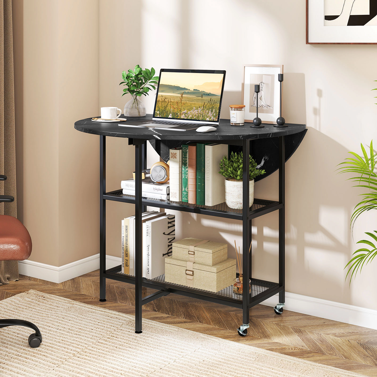 LJG Folding Round Dining Table with Lockable Wheels
