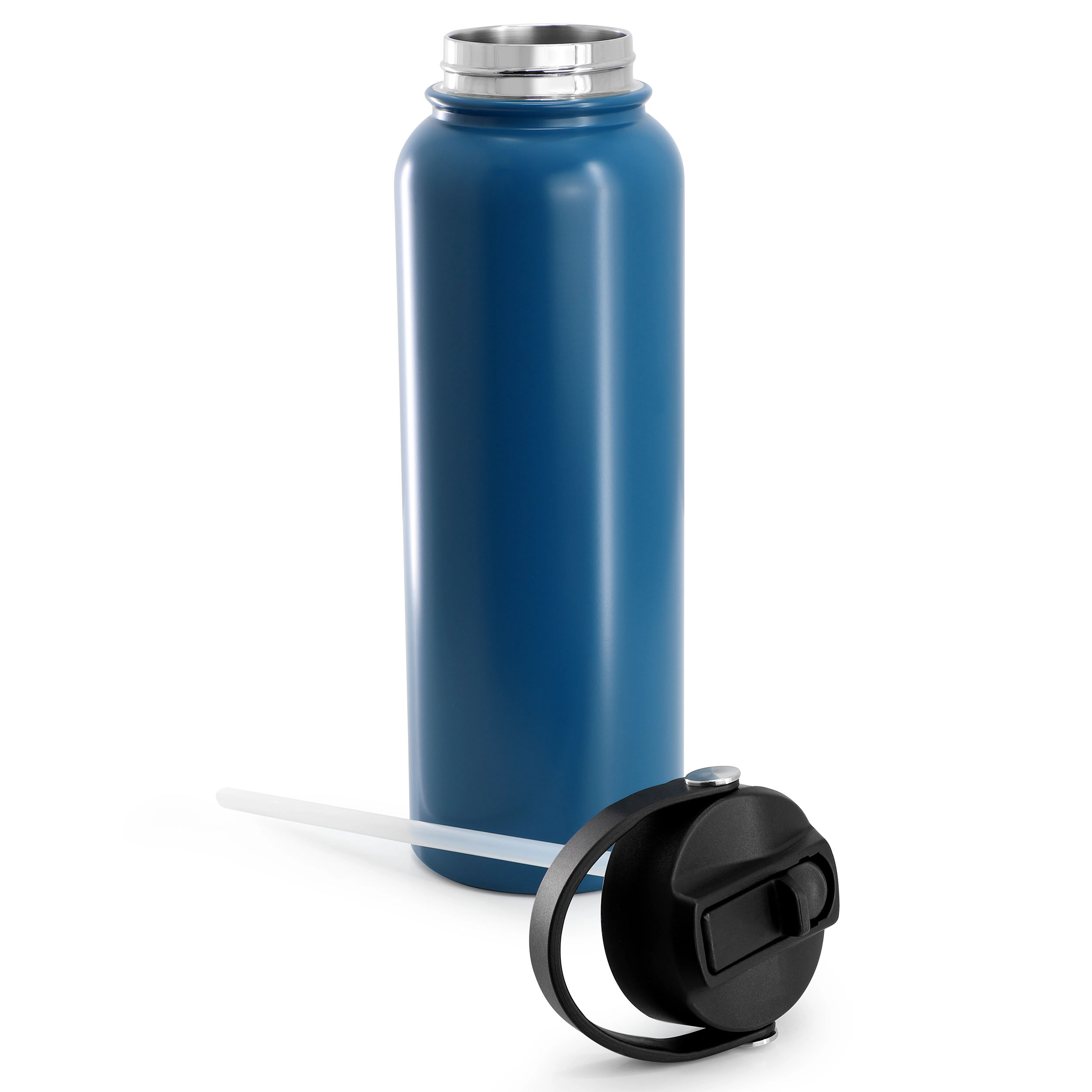 Gibson Home Marina 38 Ounce Double Wall Stainless Steel Thermal Bottle with Lid and Straw in Matte Blue