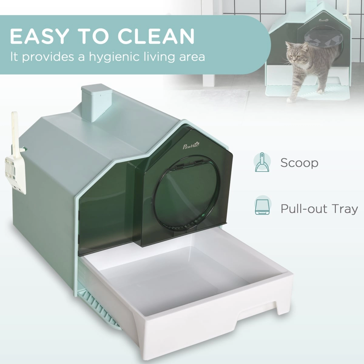 212 Main Paw Hut Hooded Cat Litter Box with Mat, Particle Catching, Easy Clean, Light Blue