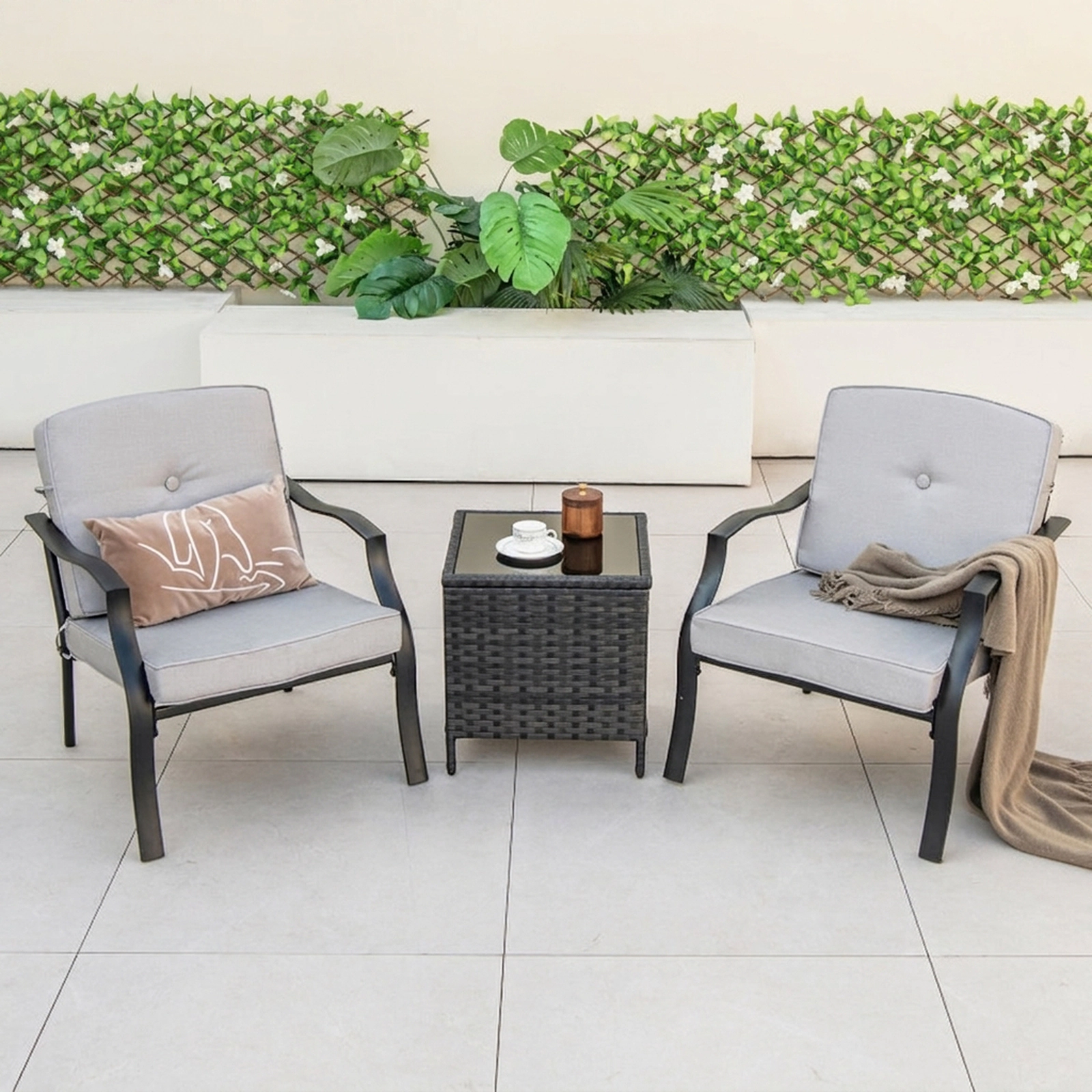SUGIFT Patio Metal Chairs with Seat and Back Cushions 330-lb Capacity Black Frame Gray Cushion