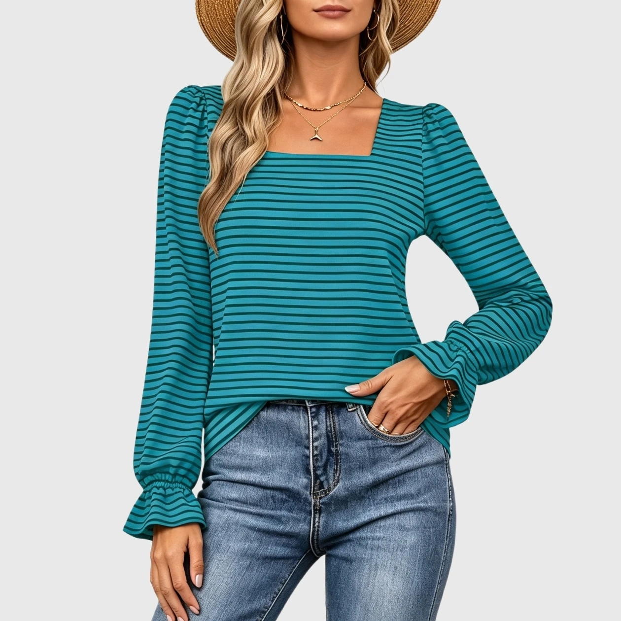YesFashion Womens Striped Square Neck T Shirts Casual Stretchy Ruffle Long Sleeve Pullover Tops