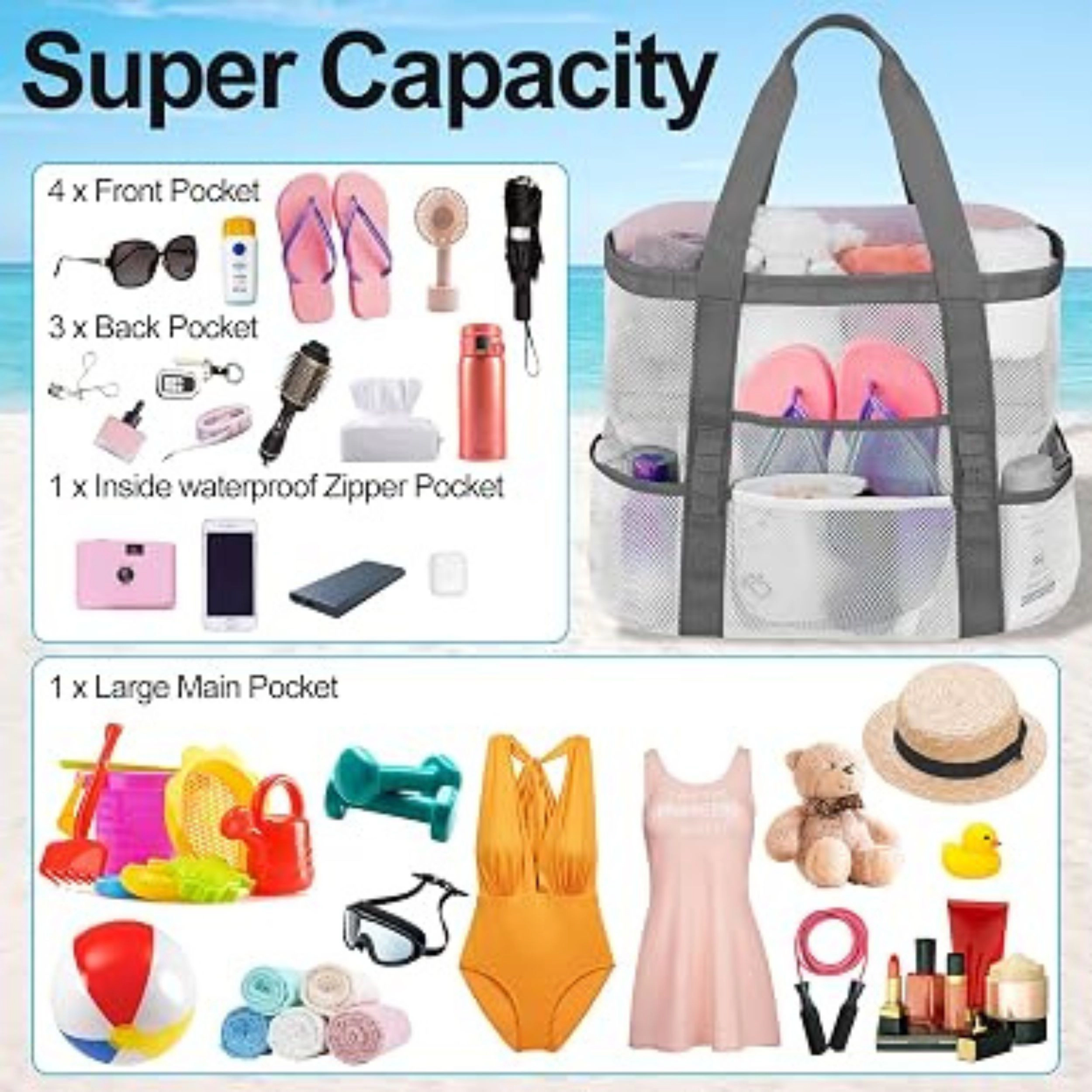 SS Design Womens Mesh Beach Tote Bag Waterproof Sandproof