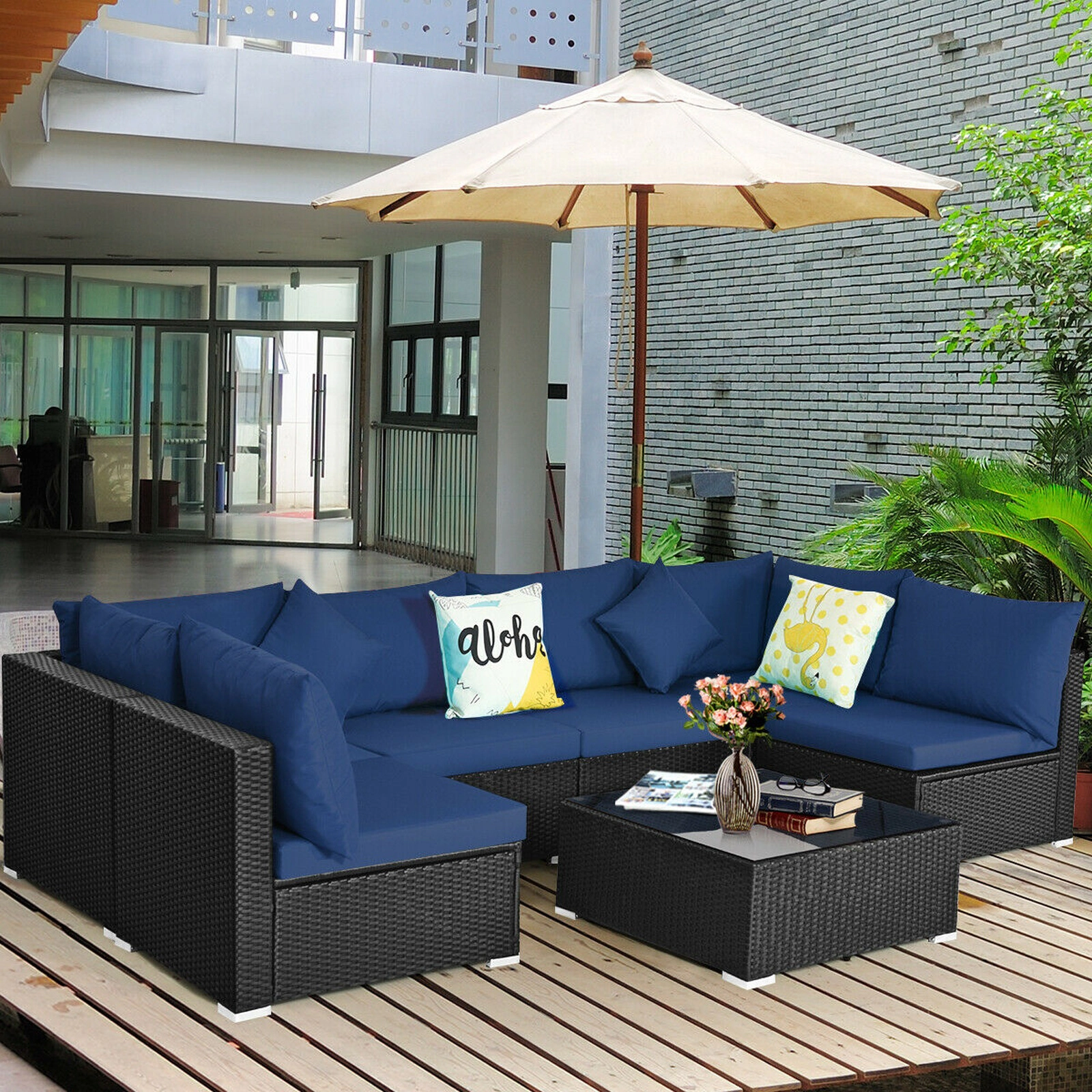 SUGIFT Tempered Glass Top Table and Cushions 7-Piece Outdoor Wicker Sectional Sofa Set