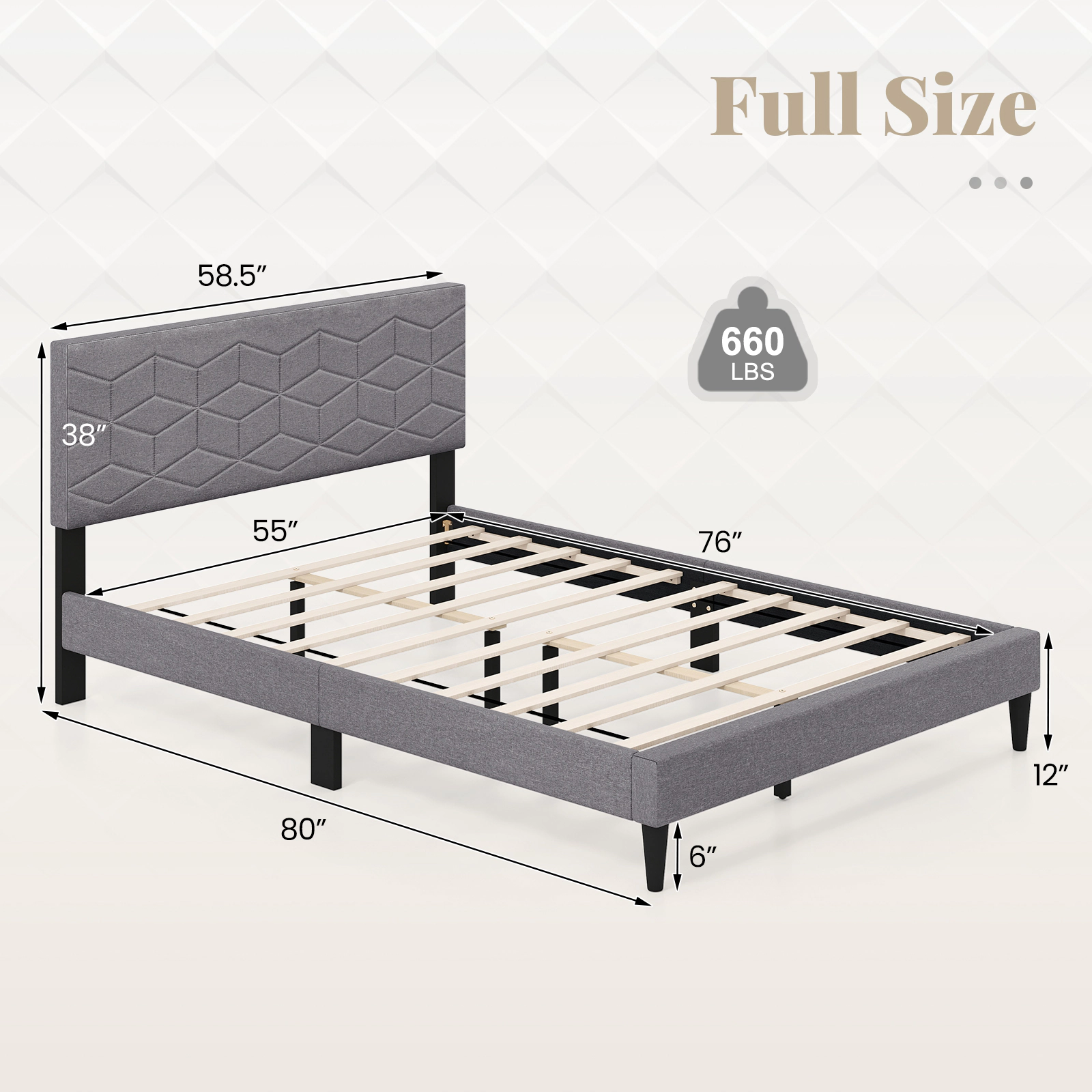 SUGIFT Modern Low-Profile Full Platform Bed Frame with Linen Upholstered Headboard 660-lb Capacity Gray