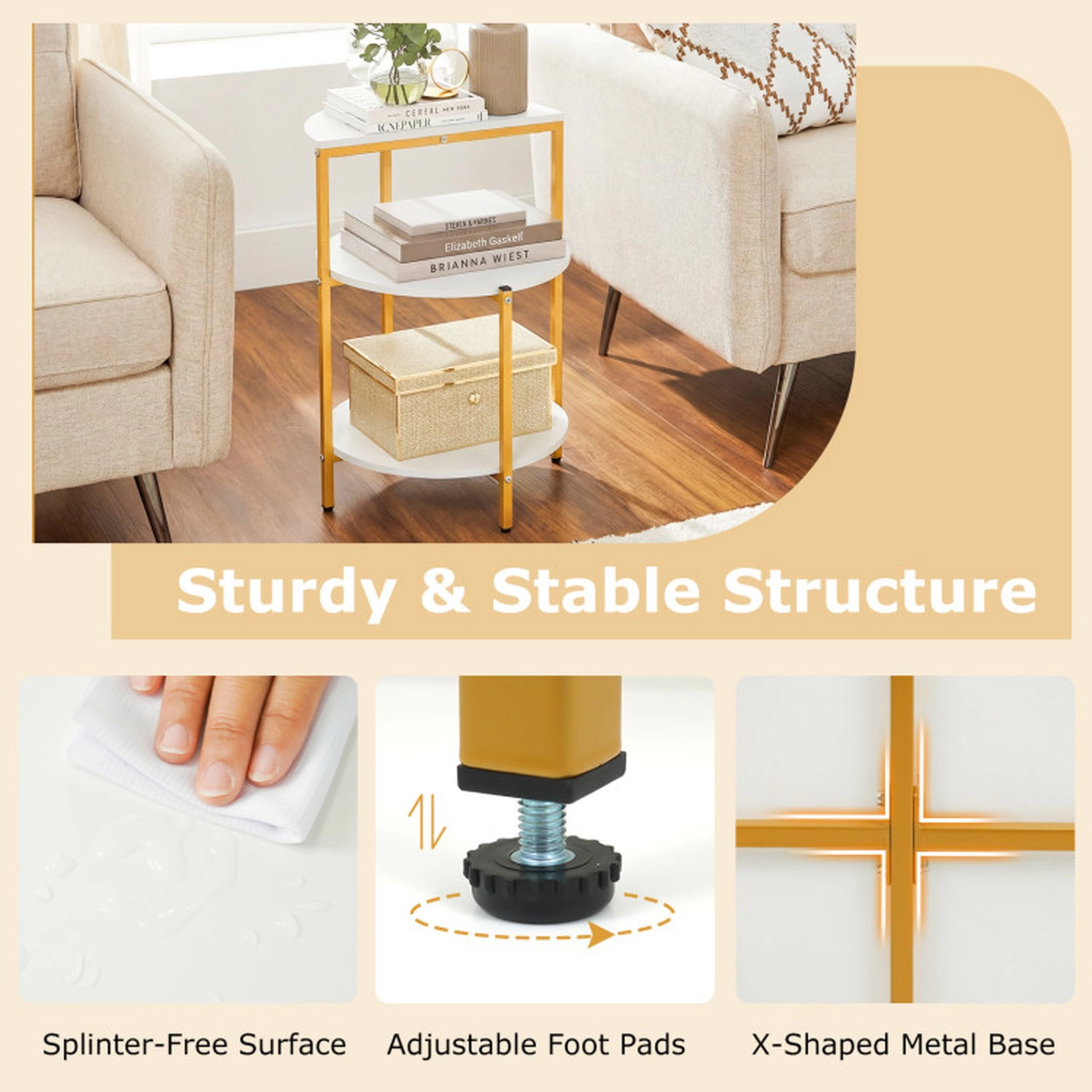 SUGIFT 2 Piece Round Engineered Wood Metal Frame 3 Tier Storage End Table Set White