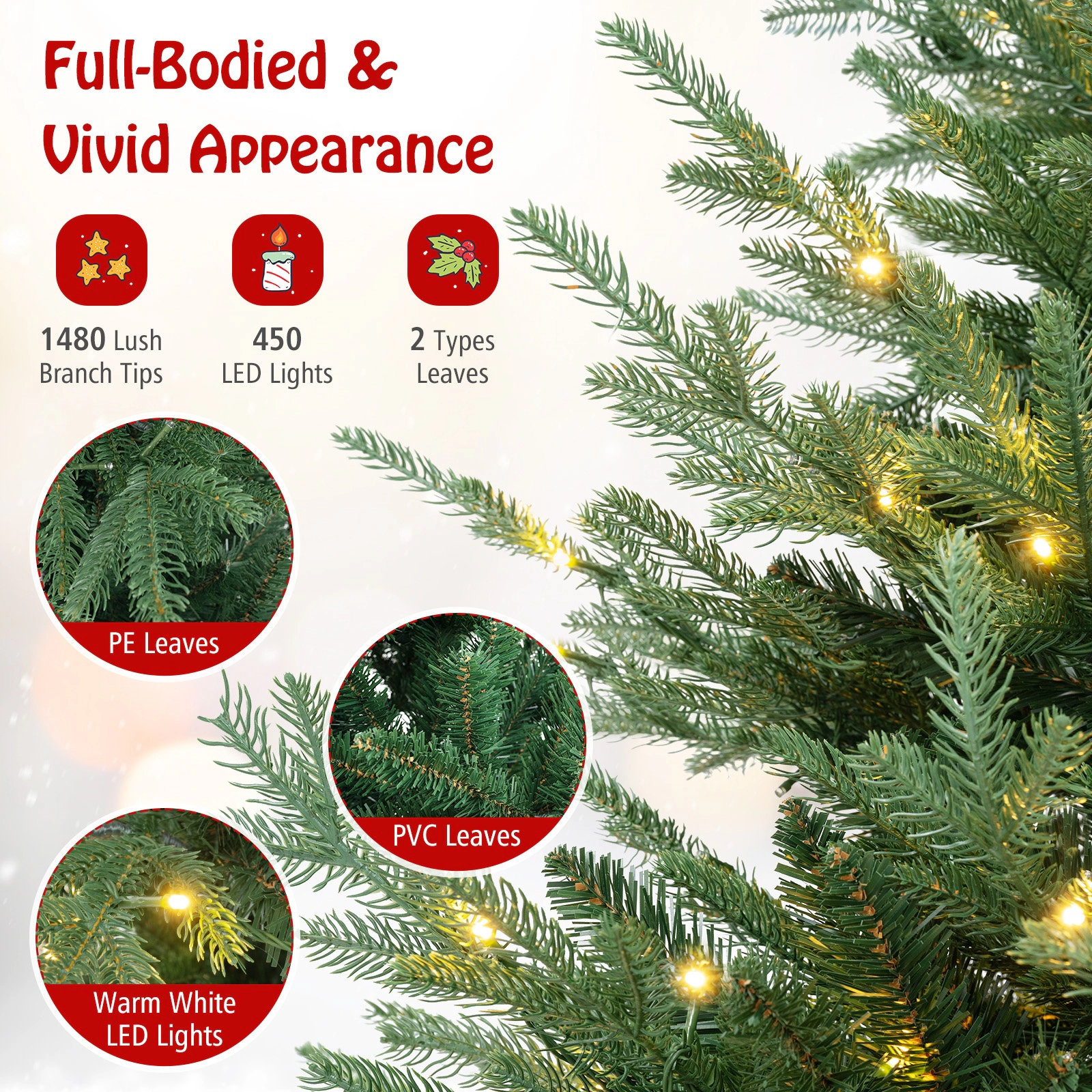 SUGIFT 8-ft Pre-Lit Hinged Artificial Christmas Tree with 1480 PVC and PE Branch Tips 450 LED Lights 4 Sections Green