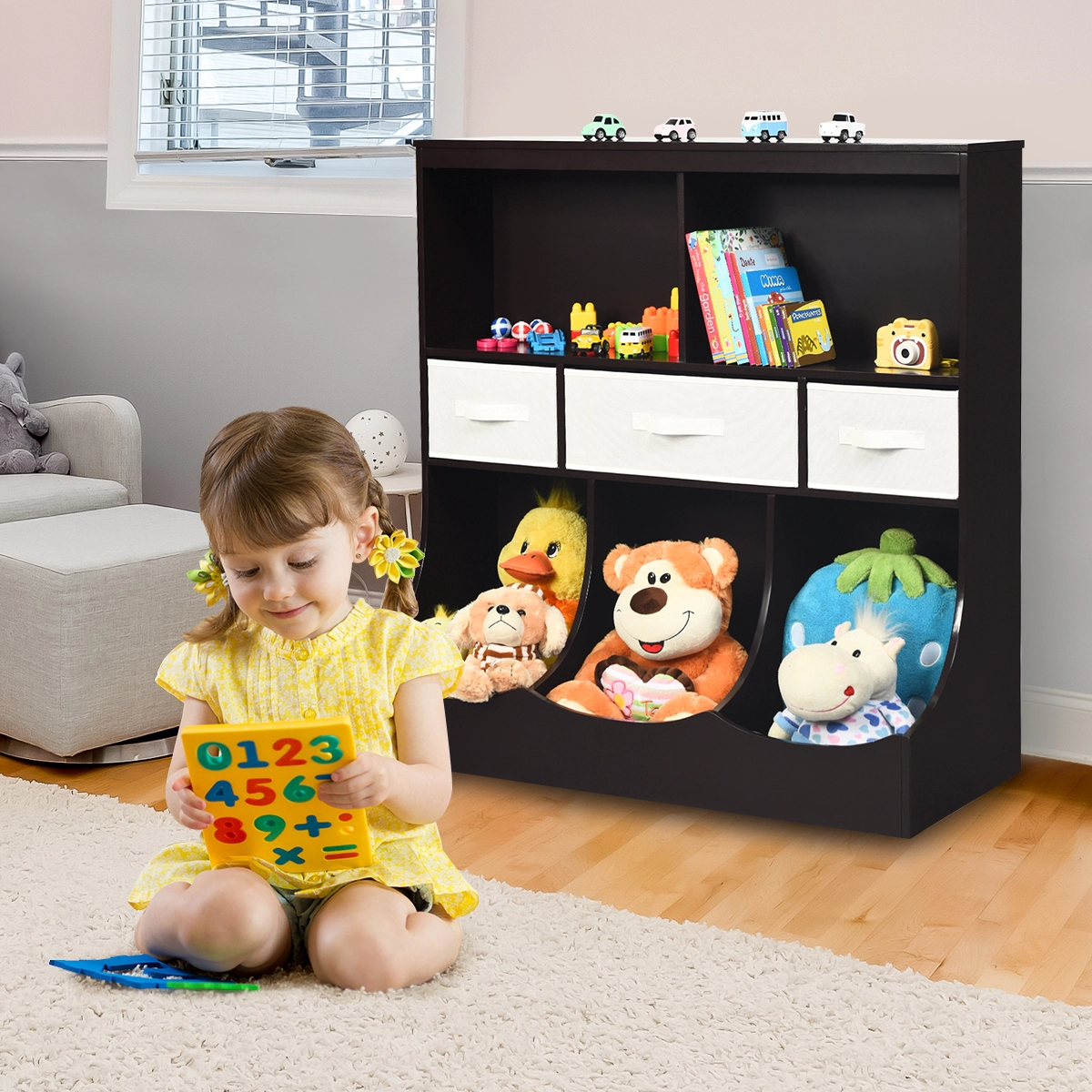 SUGIFT Freestanding Combo Cubby Bin Toy Storage Organizer with 3 Baskets 66-lb Top Capacity Brown/Gray/White