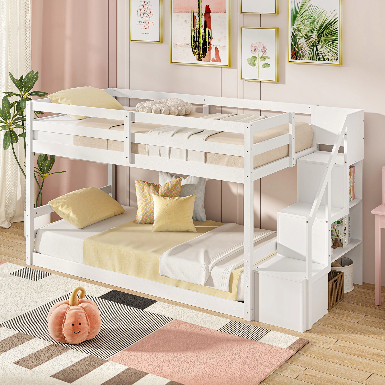 SUGIFT White Storage Stairs and 3 Compartments Twin Over Twin Kids Low Bunk Bed