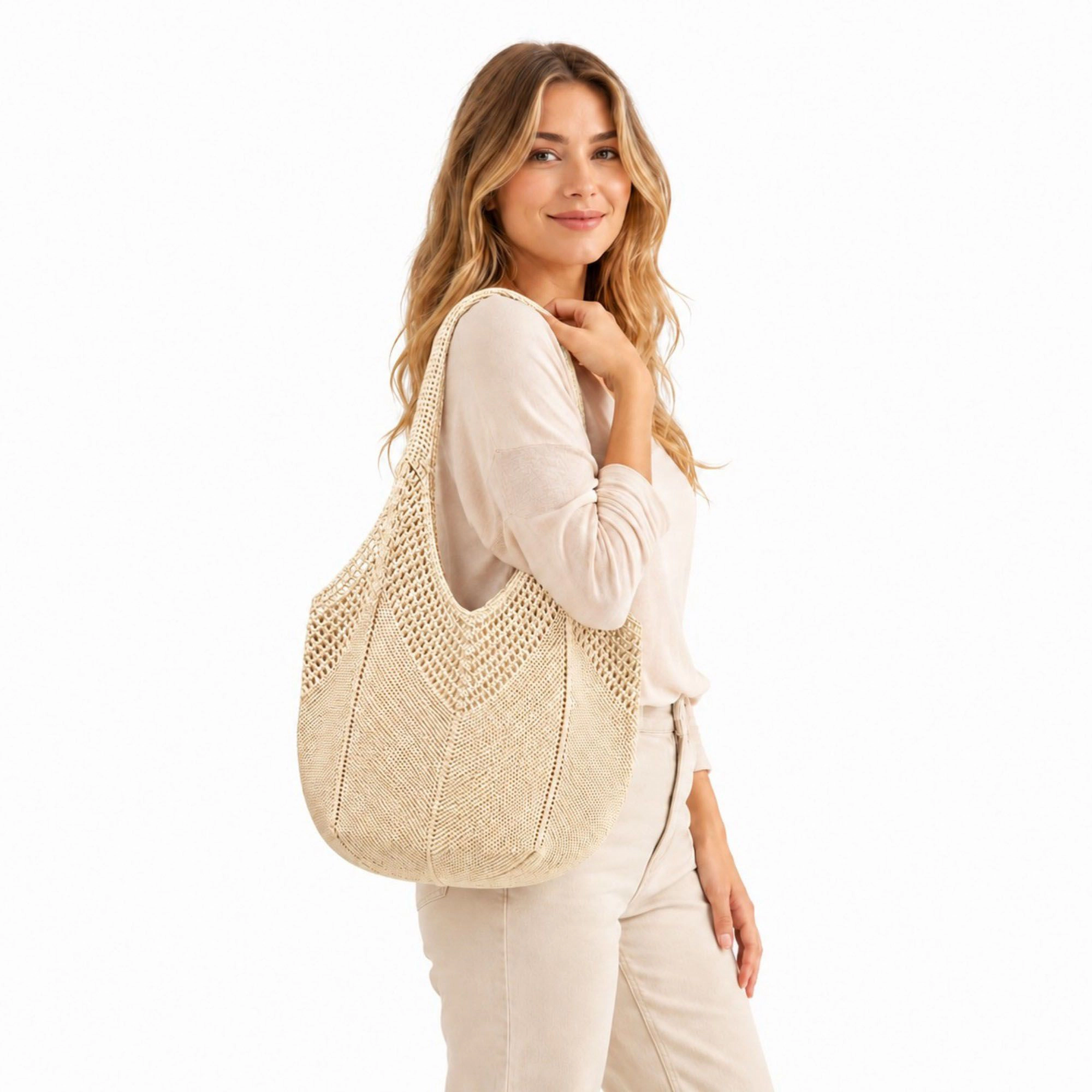 Alilang Women's Crochet Knit Tote Bag Openwork Shoulder Bag with Heart Inspired Detail