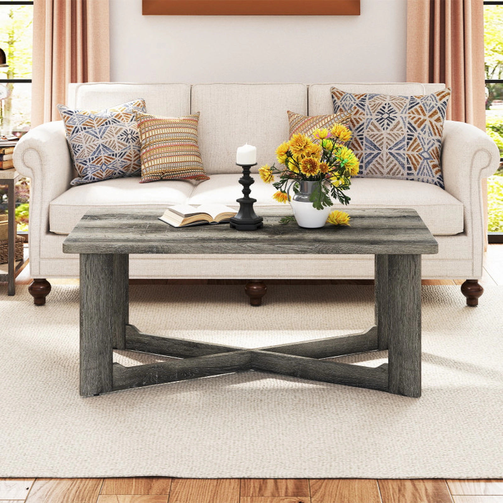 SUGIFT 4-in Thick Legs X-Shaped Solid Rubber Wood Base Coffee Table 44-in x 23.5-in x 18.5-in 250-lb Capacity Gray