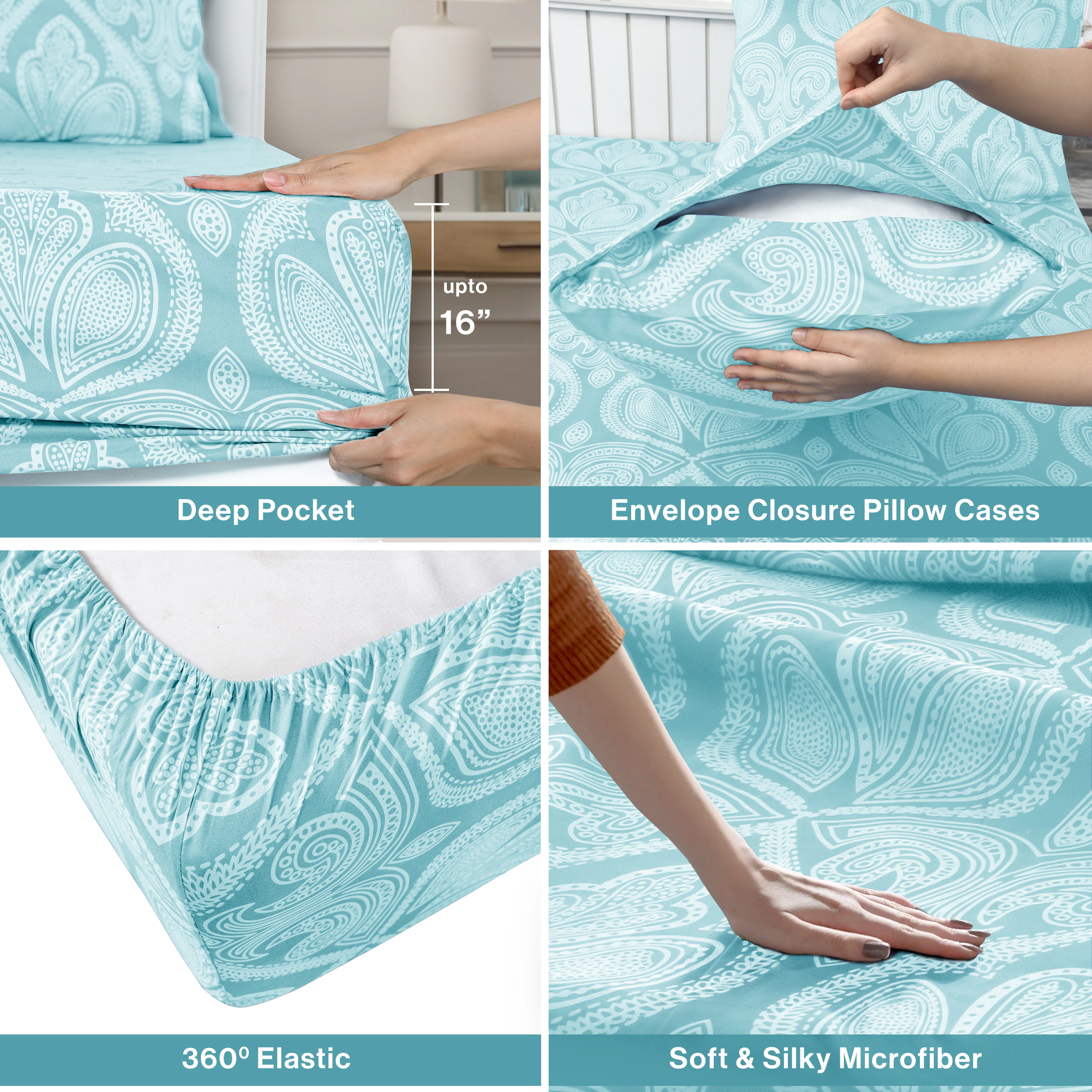 Lux Decor Collection 4-Piece Paisley Printed Bed Sheets Brushed Microfiber Deep Pocket Sheet Set