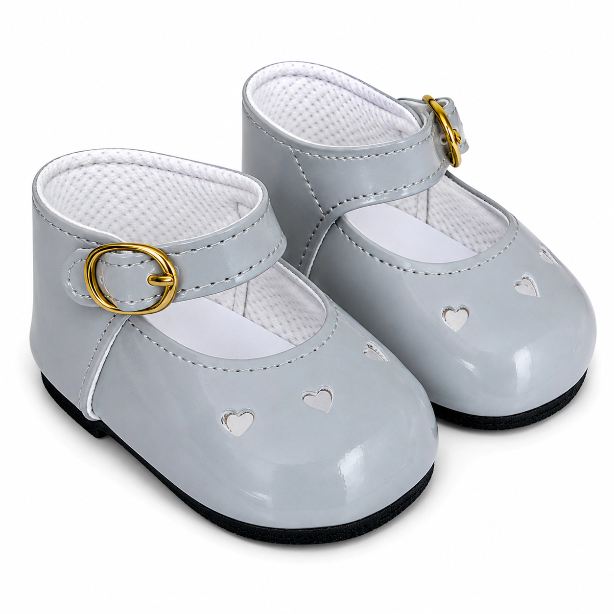 MBD Girl Doll Shoes - Silver Gray Heart Mary Jane Shoes for 18 Inch Dolls – Classic Patent Dress Shoes with Buckle Strap