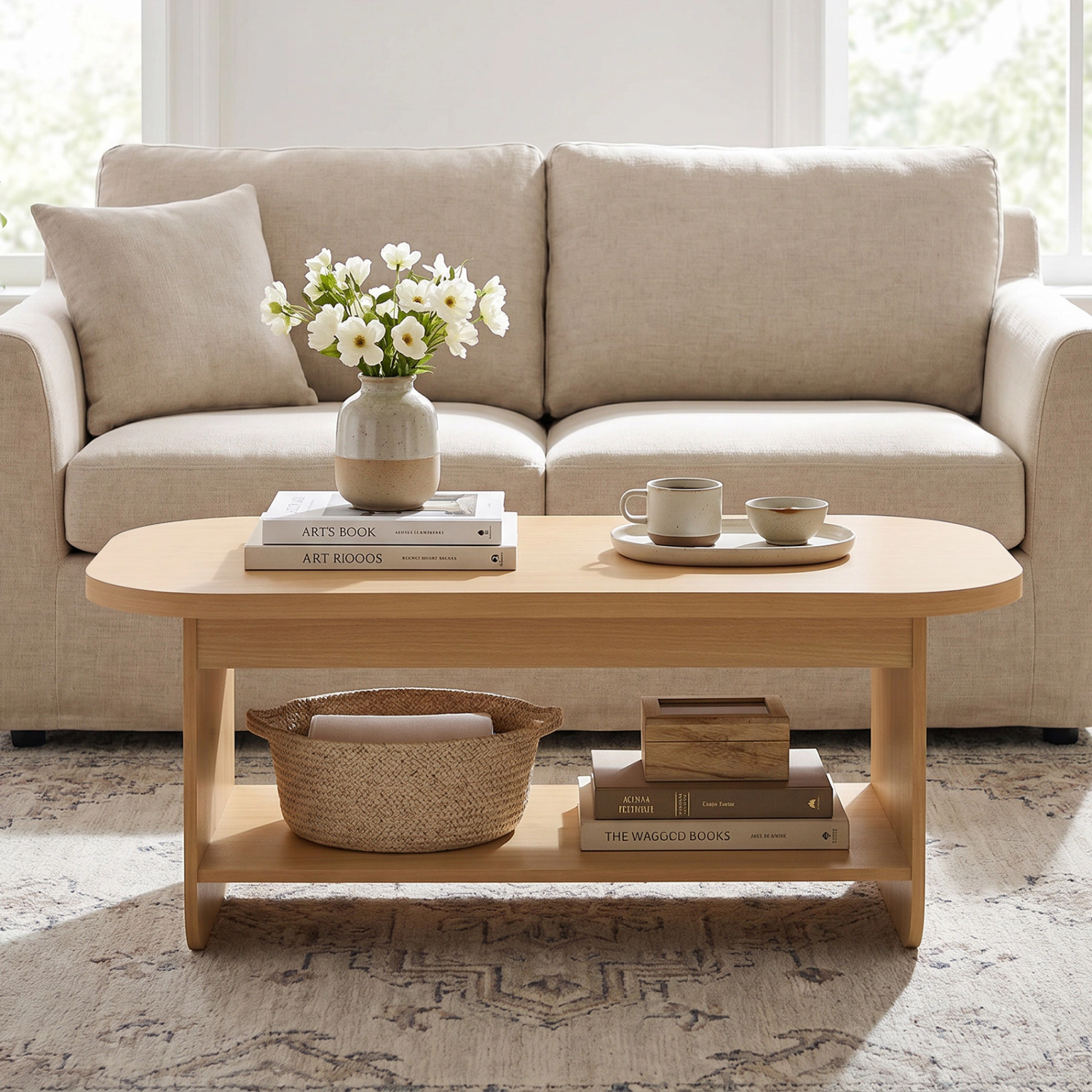 LJG 2-Tier Oval Coffee Table for Living Room Mid Century Center Table with Bottom Storage Shelf