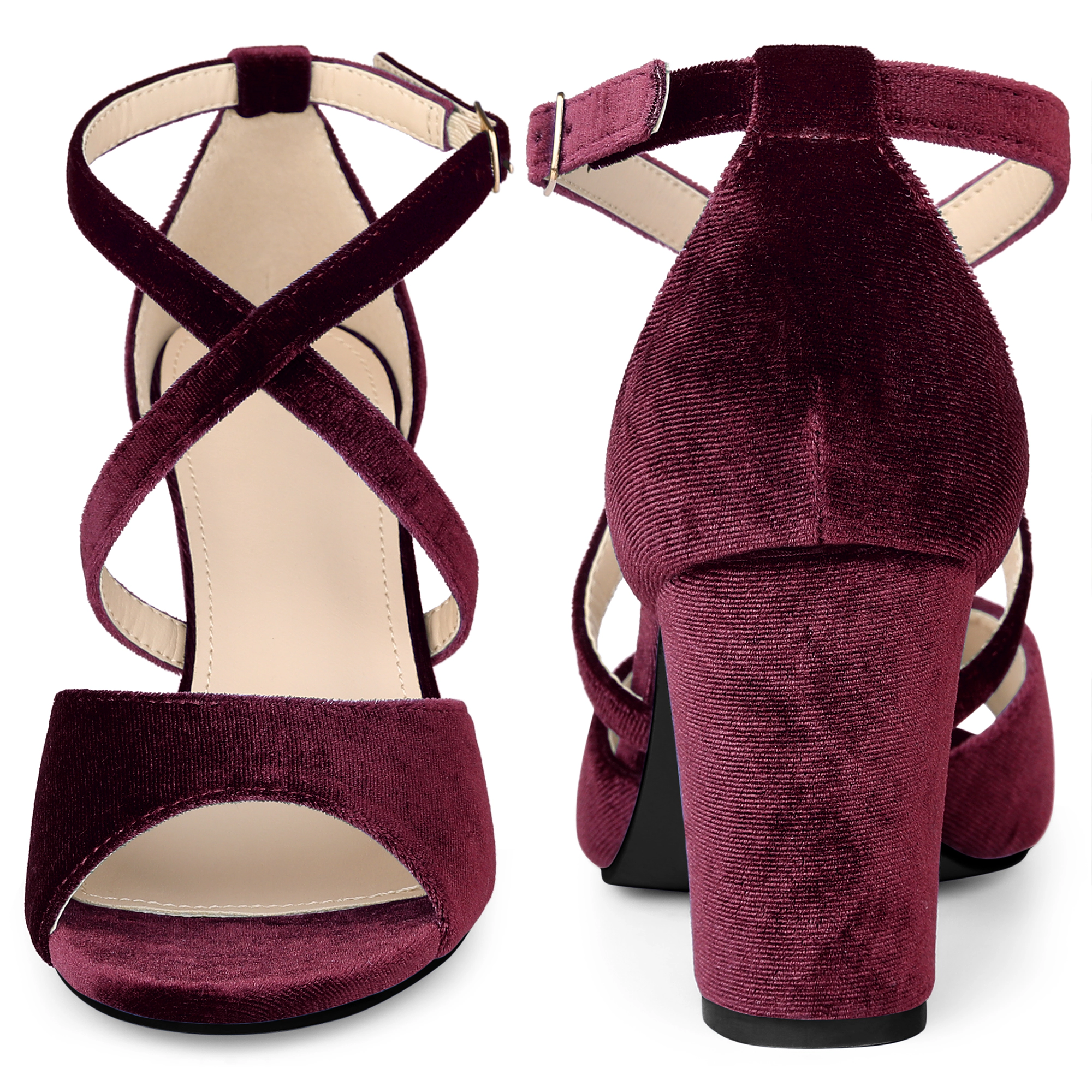 BLISSFUL STEP Women's Velvet Block Heel Crisscross Strap Sandals