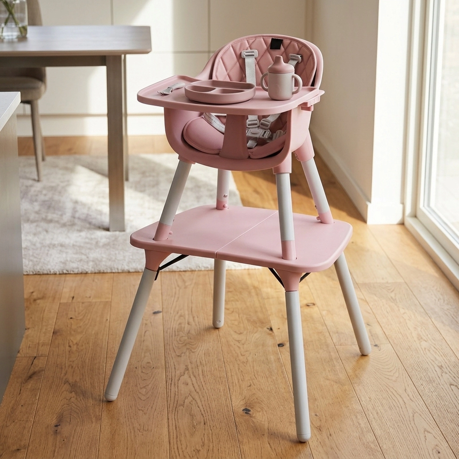 4-in-1 Lightweight Baby High Chair and Toddler Table and Chair Set 2-Position Adjustable Tray Removable PU Cushion