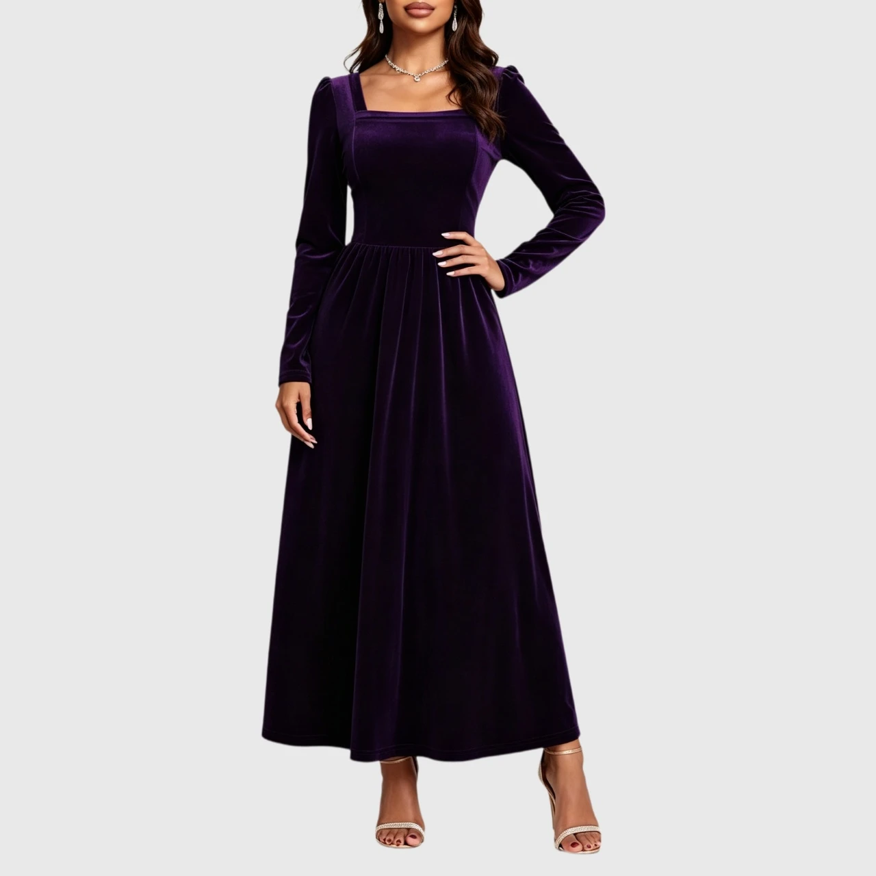 YesFashion Women's Square Neck Velvet Maxi Dresses High Waist Puff Long Sleeve Elegant Dress
