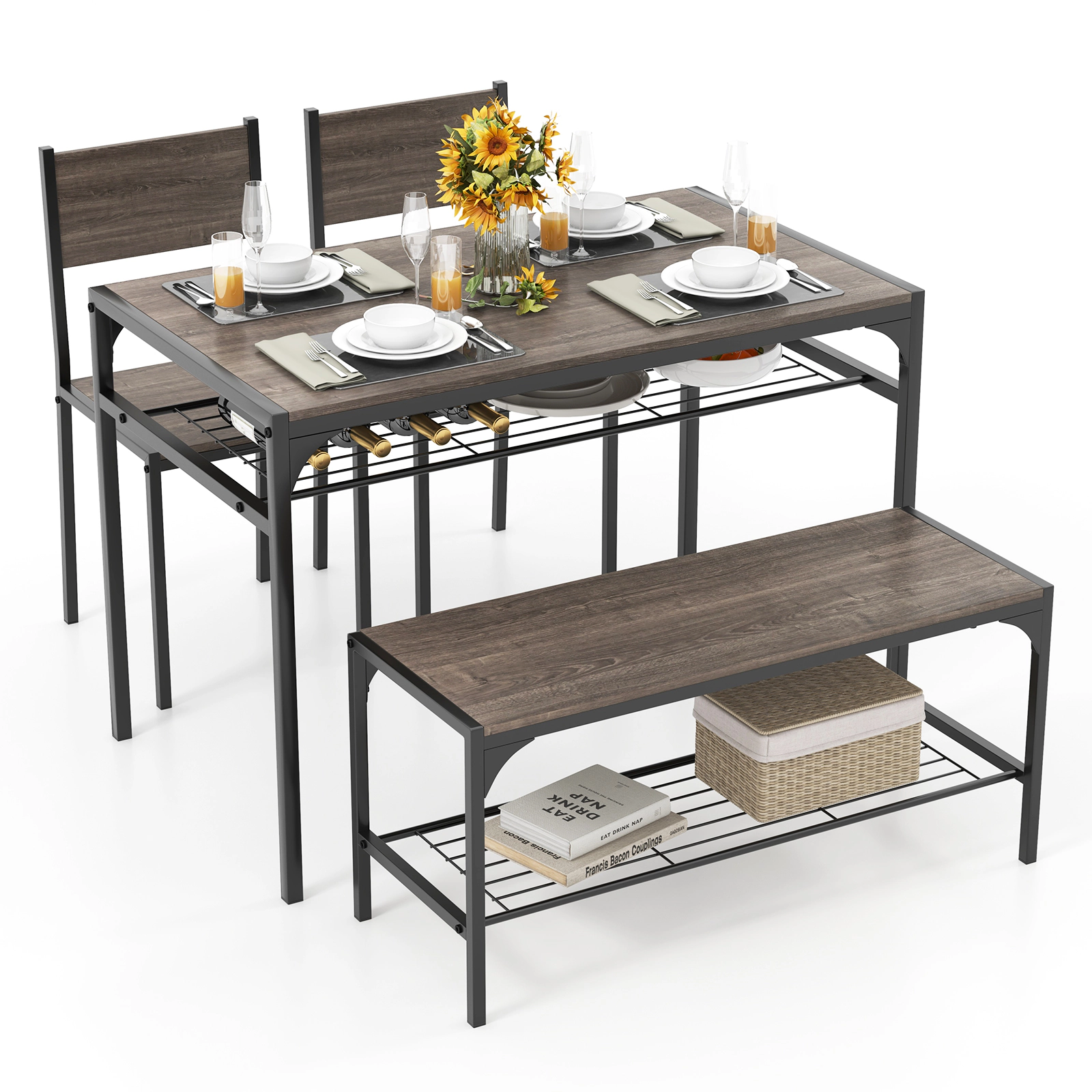 SUGIFT 4-Piece Gray Metal Dining Set, 43-Inch Rectangular Table, Bench, 2 Chairs, Storage Shelves