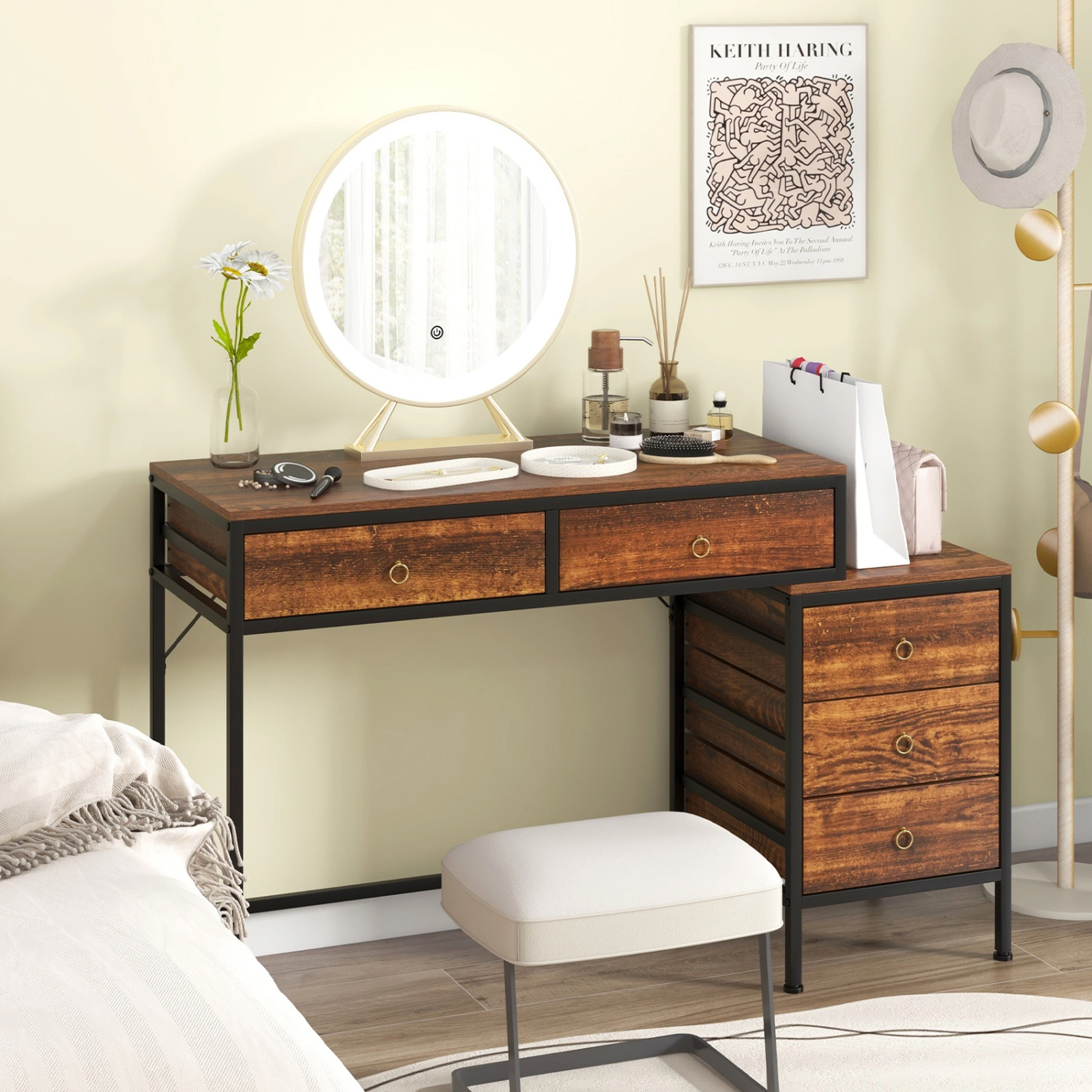 SUGIFT 51-in Computer Desk with 5 Drawers and Side File Cabinet 380-lb Capacity Rustic Brown & Black Home Office Desk