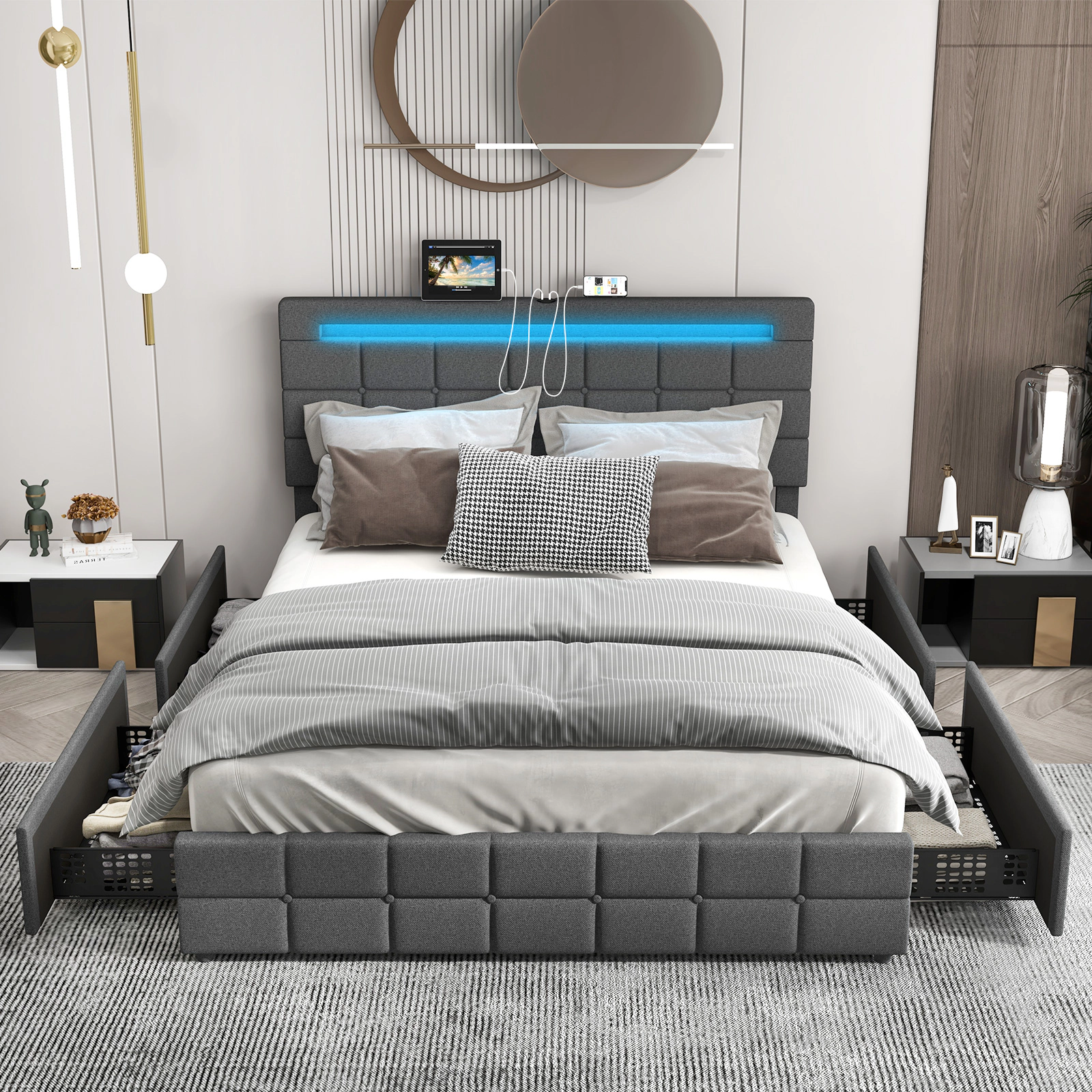 Full Size Upholstered LED Bed Frame with 4 Rolling Drawers Button Tufted Adjustable Headboard Gray