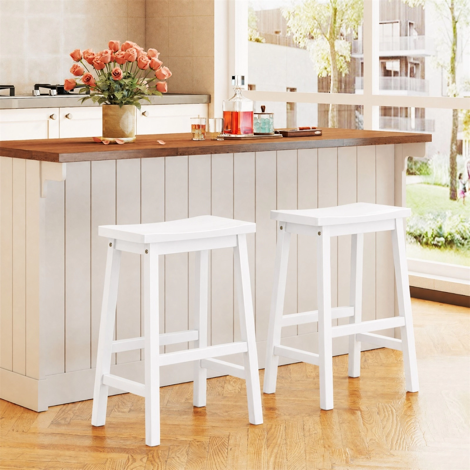 SUGIFT Set of 2 White Solid Wood Saddle Counter Stools, 24 in, Slim 12.5 in Depth