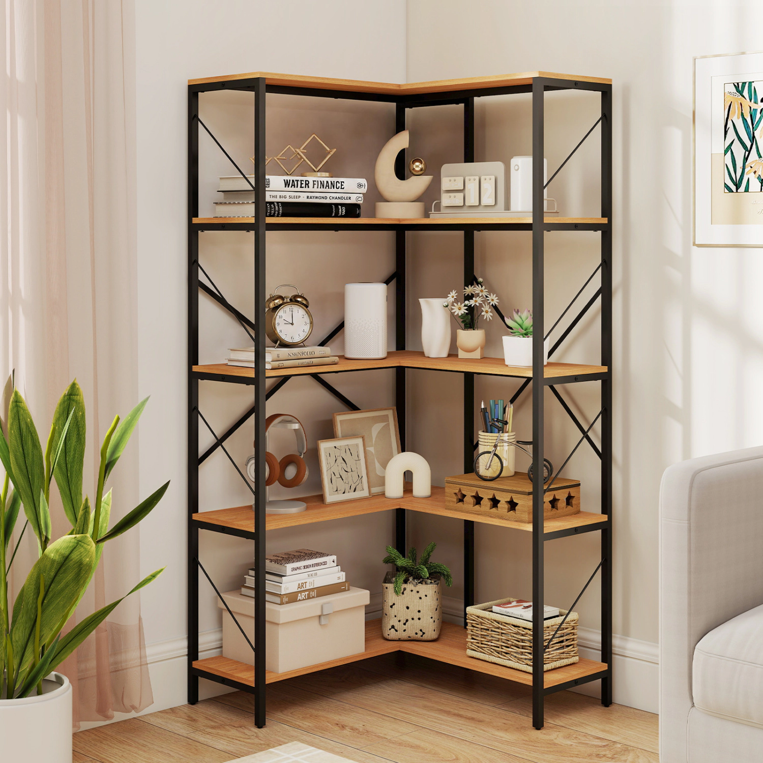 LJG 66" Tall 5-Tier L-Shaped Bookcase with Metal Frame for Living Room