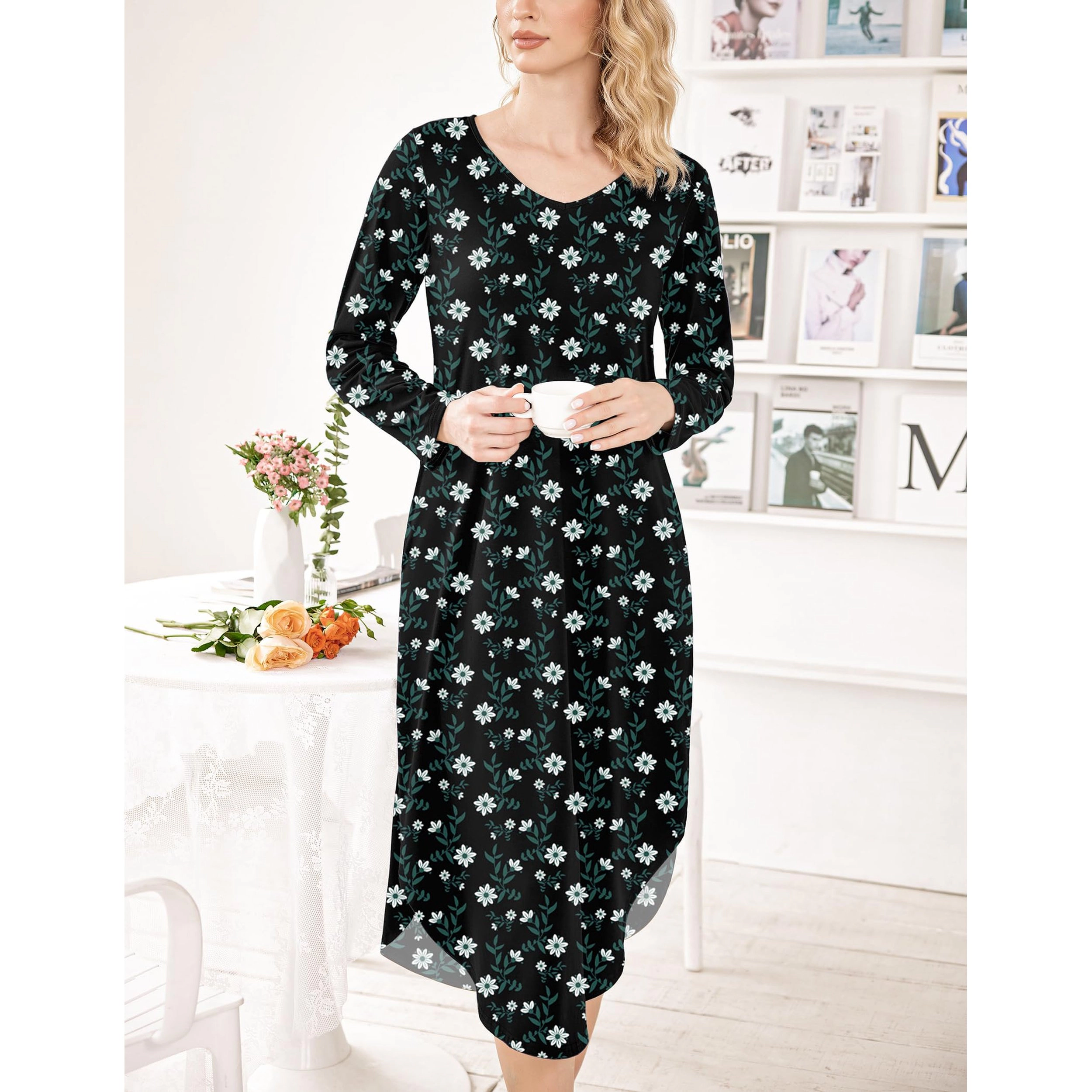 Ekouaer Womens Nightgown V Neck Nightshirts Long Sleeve Sleepwear with Pockets