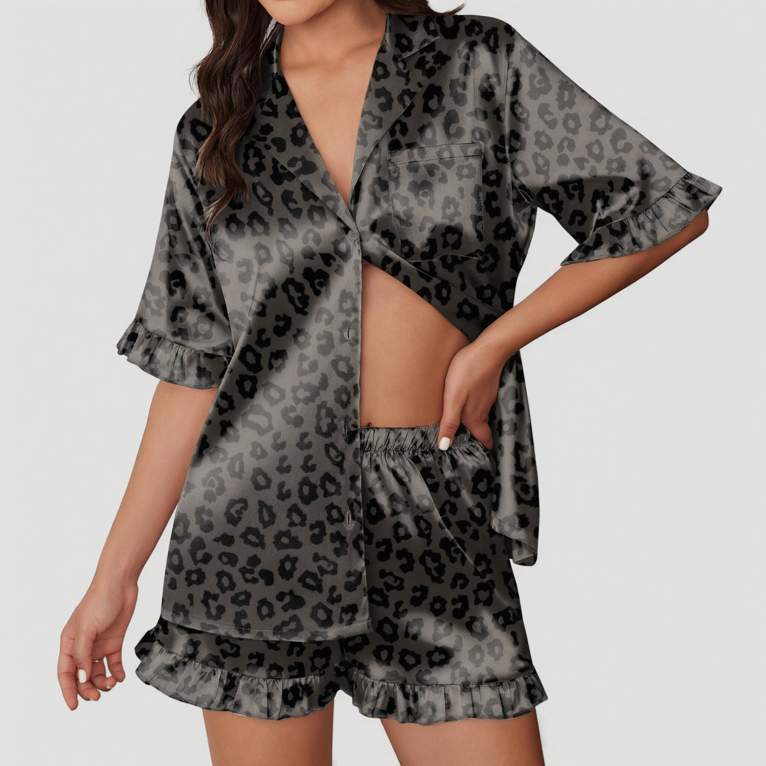Ekouaer Pajamas for Women Print 2 Piece Button Down Pjs Shorts Set Ruffle Sleepwear