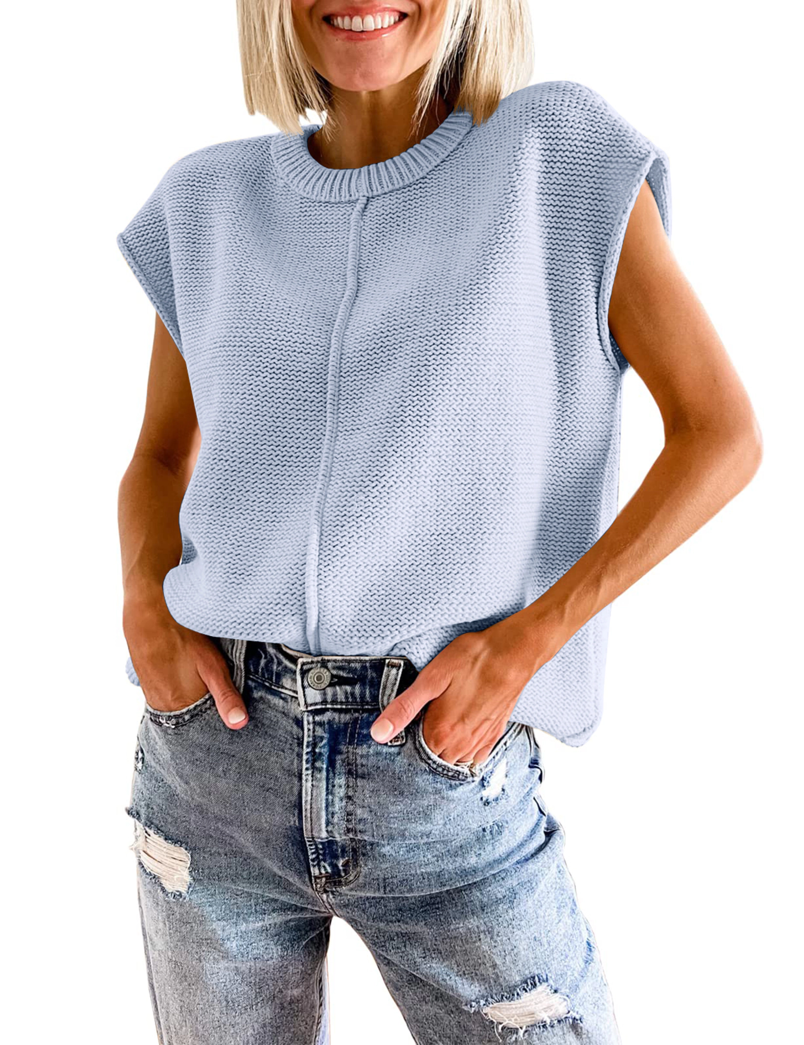 KOJOOIN Womens Sweater Vest Cap Sleeve Tops Western Knit Tank Top Crew Neck Sleeveless Pullover