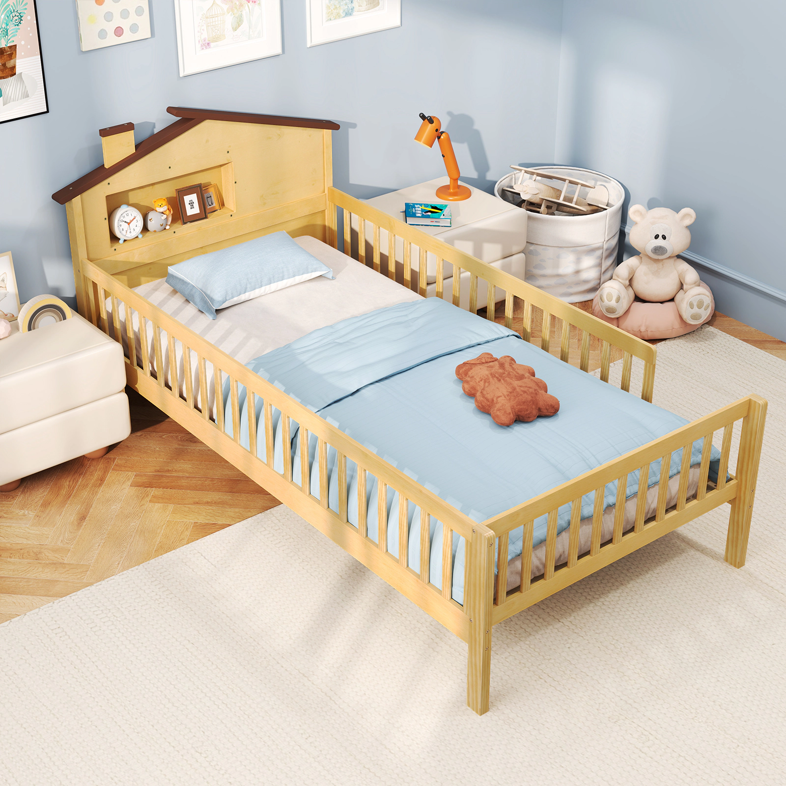 SUGIFT House-Shaped Headboard Twin Size Montessori Bed Frame with Built-in Storage Shelf 440-lb Capacity Natural/White