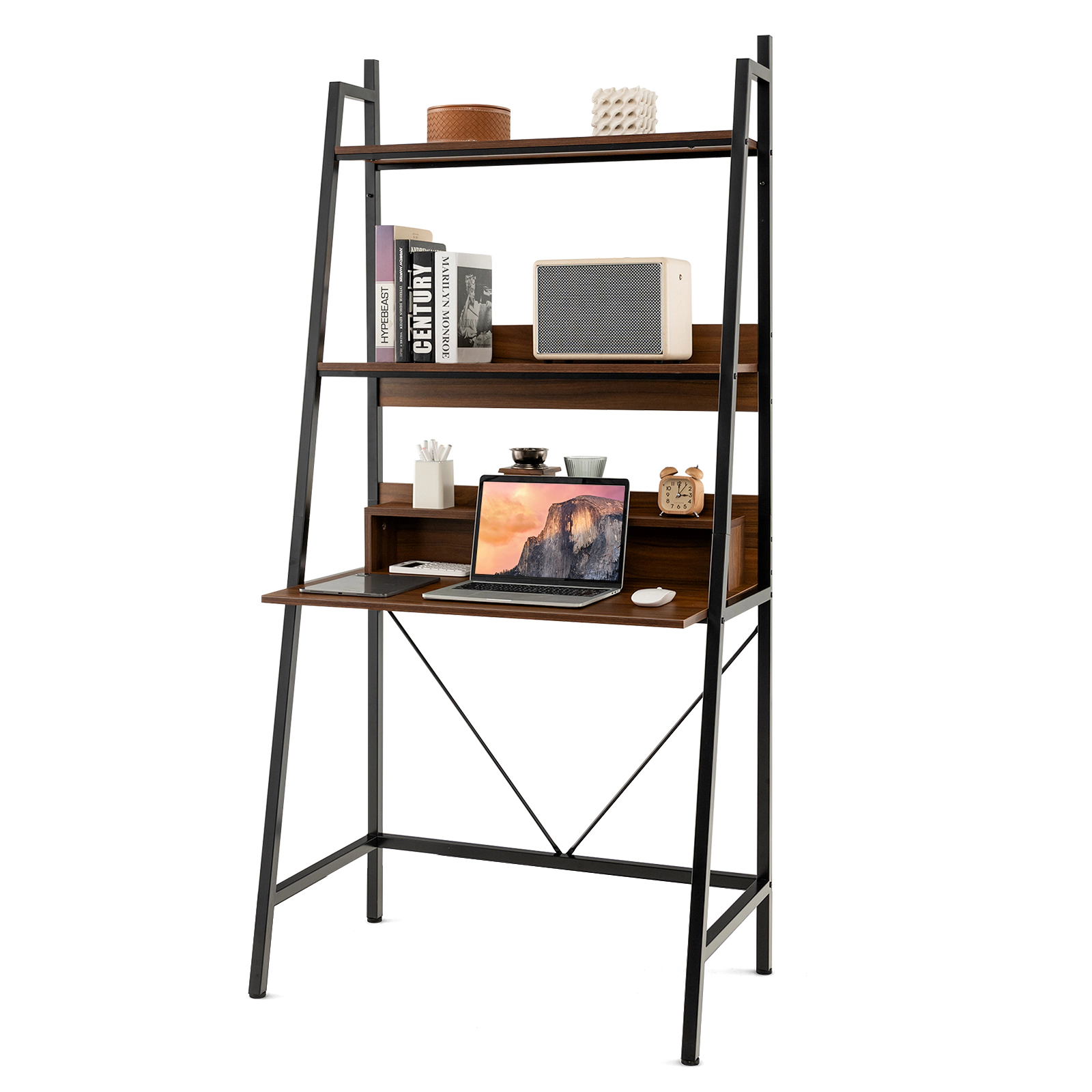 SUGIFT 71-in High Freestanding Laptop Desk with Open Shelves 34 x 20 x 71-in Frame 180-lb Capacity Rustic Brown + Black