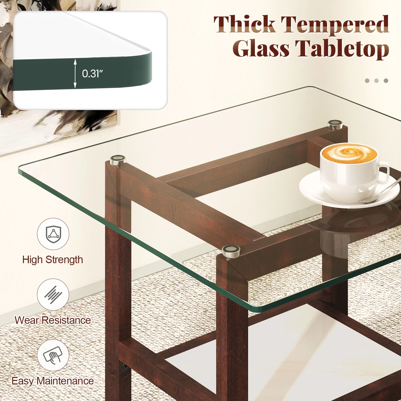 SlickBlue 24 Inch Square Glass Coffee Table with Storage Shelf