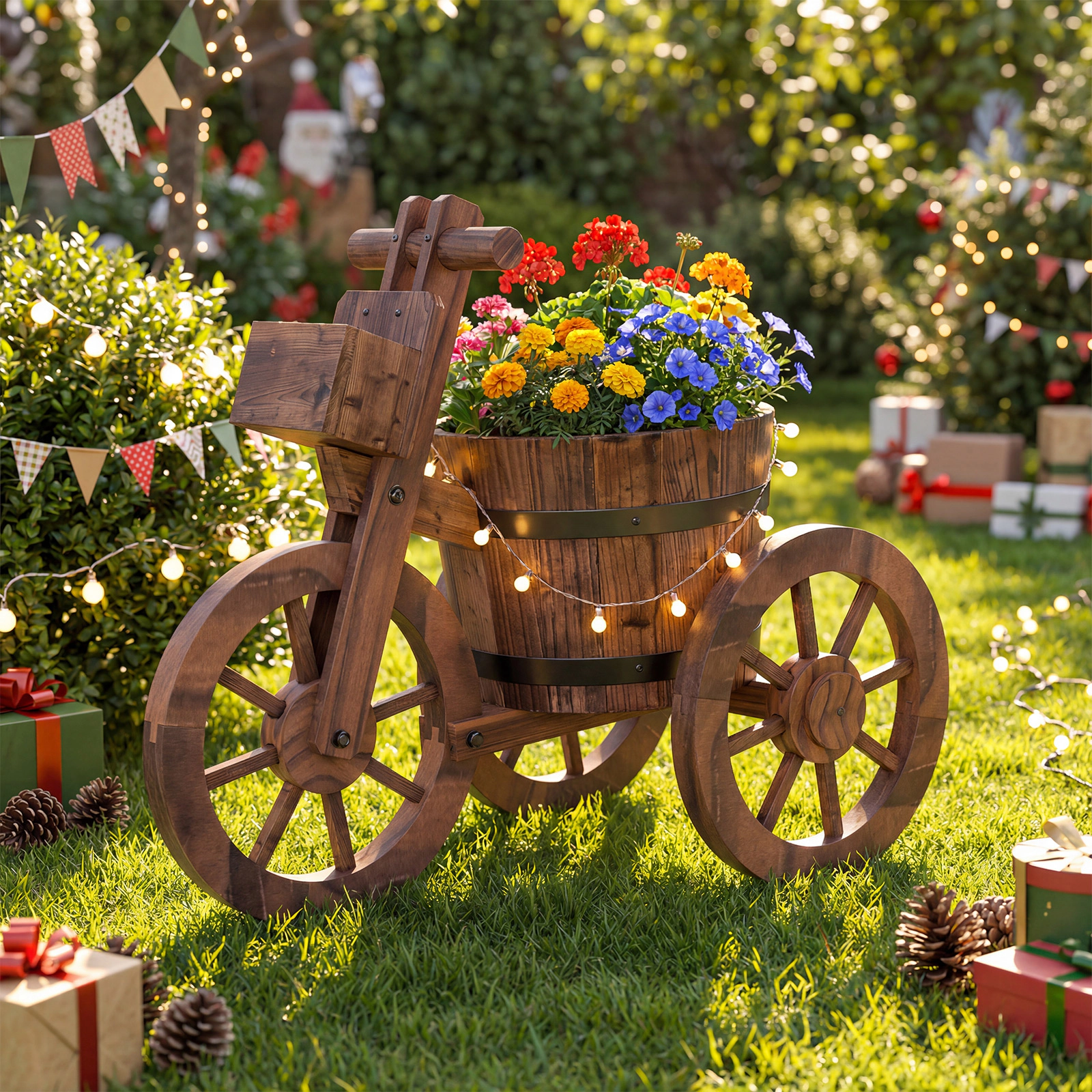 LJG Rustic Wood Tricycle Planter with Wheels and Storage Box