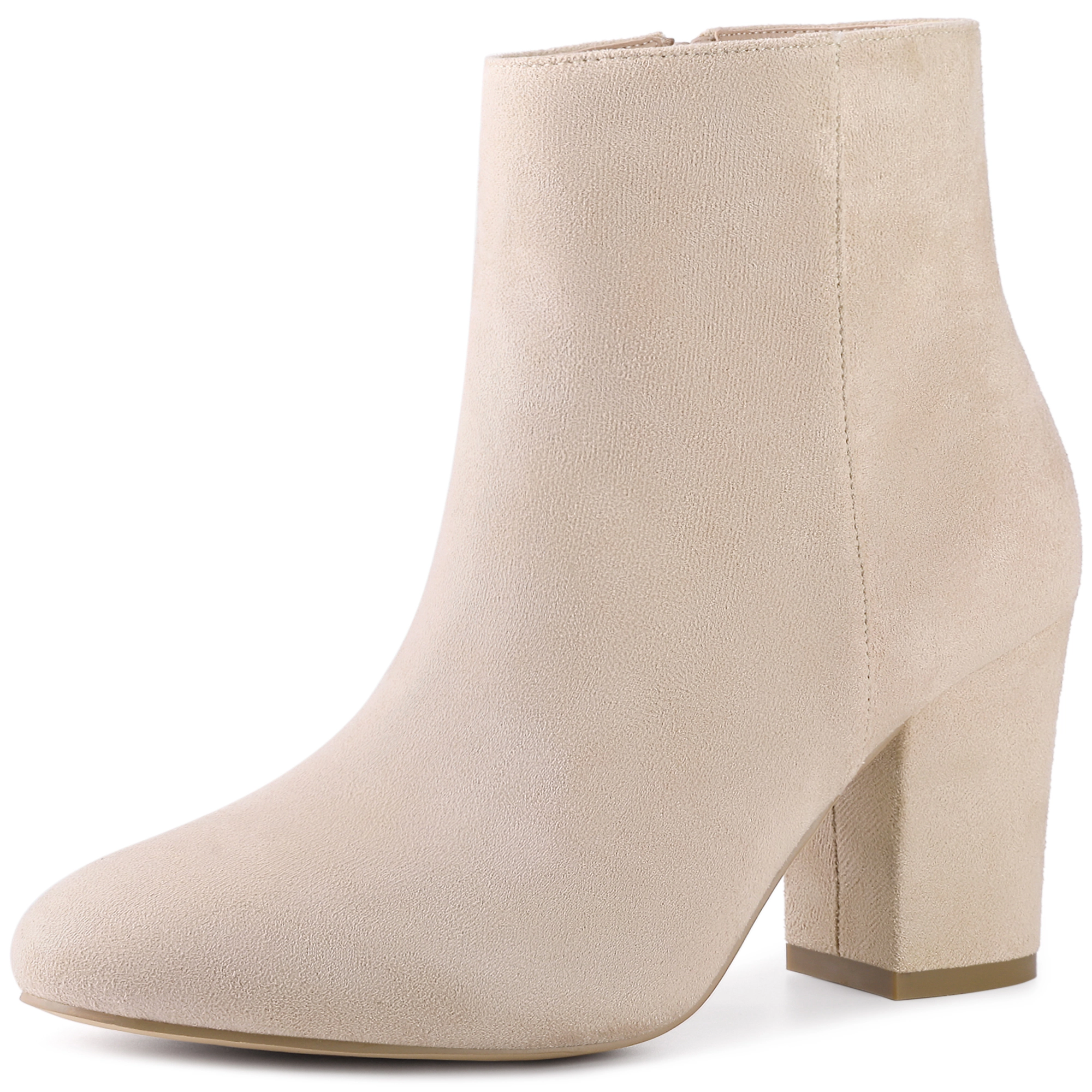 BLISSFUL STEP Women Faux Suede Round Toe Chunky High Heels Side Zip Ankle Boots