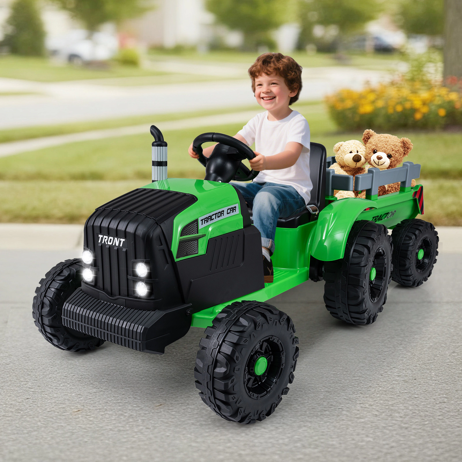 SUGIFT 24V Electric Ride On Tractor with Detachable Trailer and Remote Control 77-lb Capacity Ages 3-8 Green