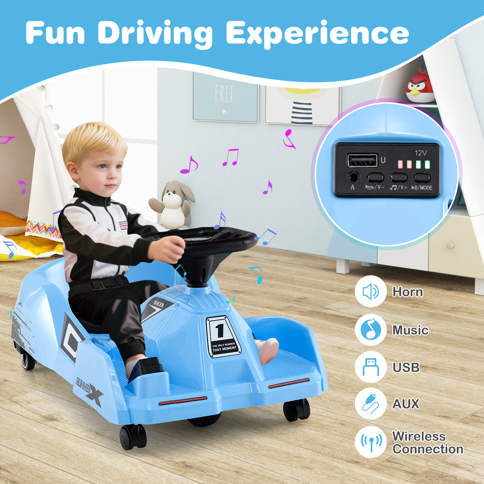 SUGIFT 3-Mode 12V Electric Cleaning Ride-On Go Kart with Detachable Mop 66-lb Capacity Ages 2-5 Blue with Remote Control