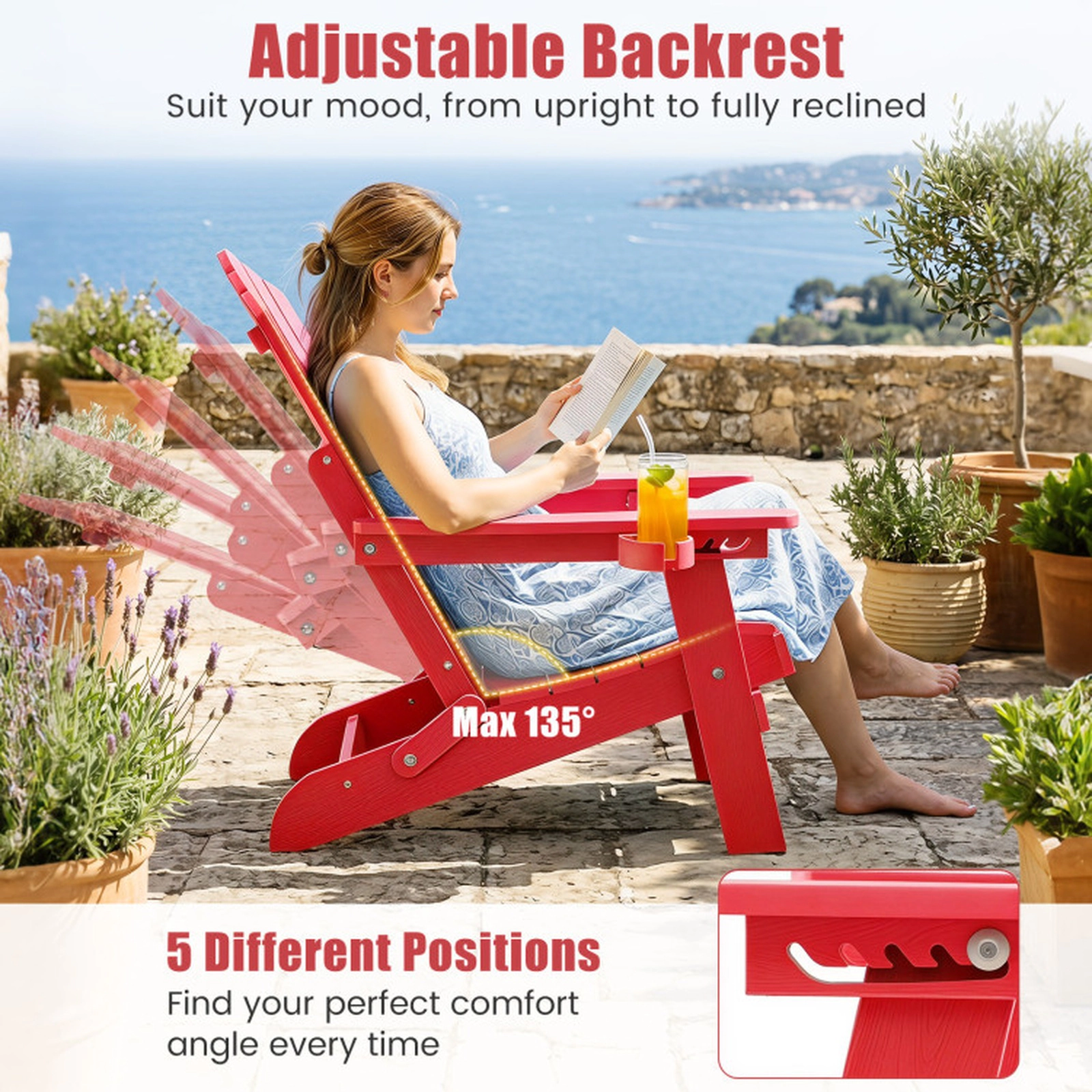 SUGIFT Set of 2 330-lb Capacity Red 5-Level Reclining Folding HIPS Adirondack Chairs with Swivel Cup Holder