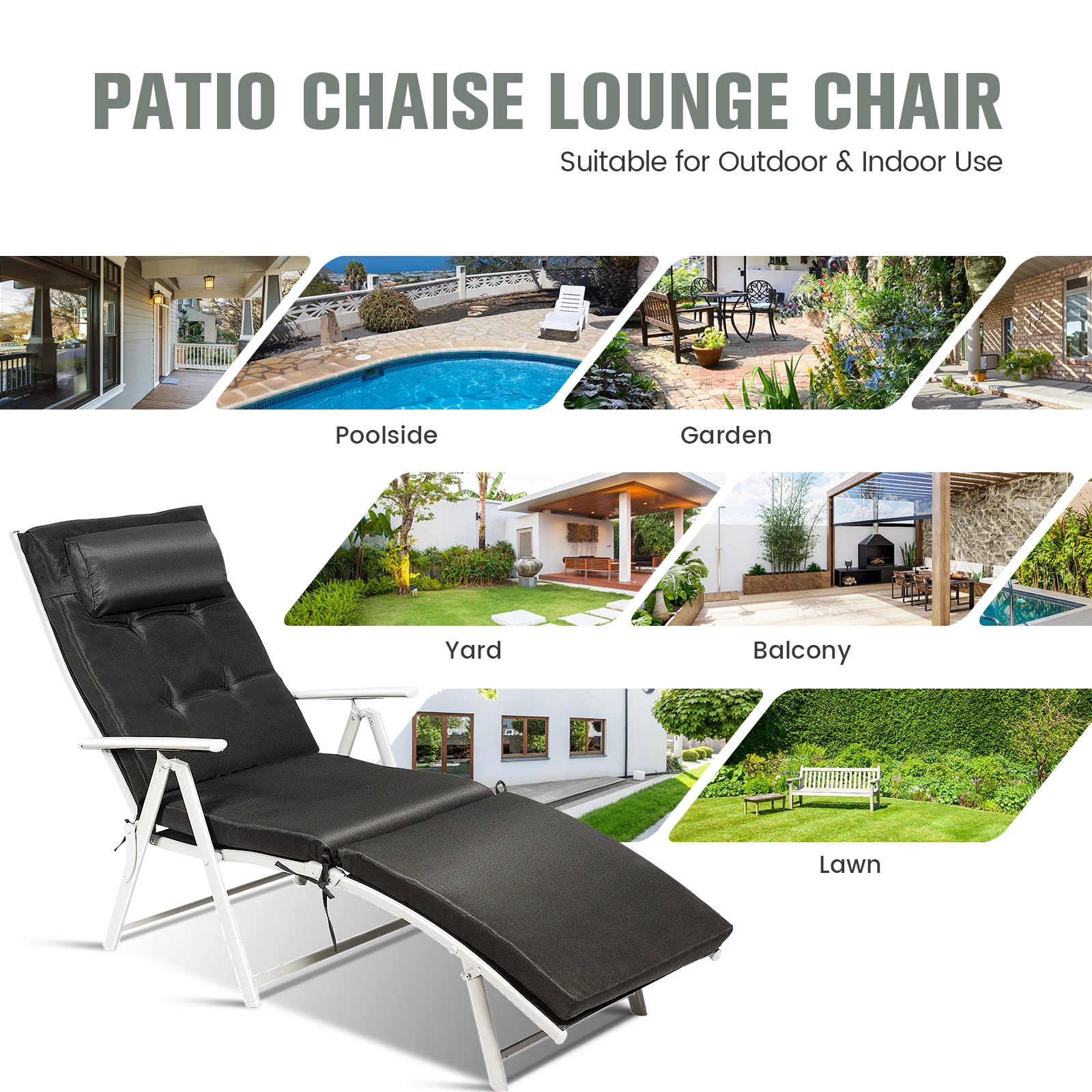 SUGIFT Adjustable 7-Position Outdoor Folding Chaise Lounge Chair with Pillow 330-lb Capacity Black